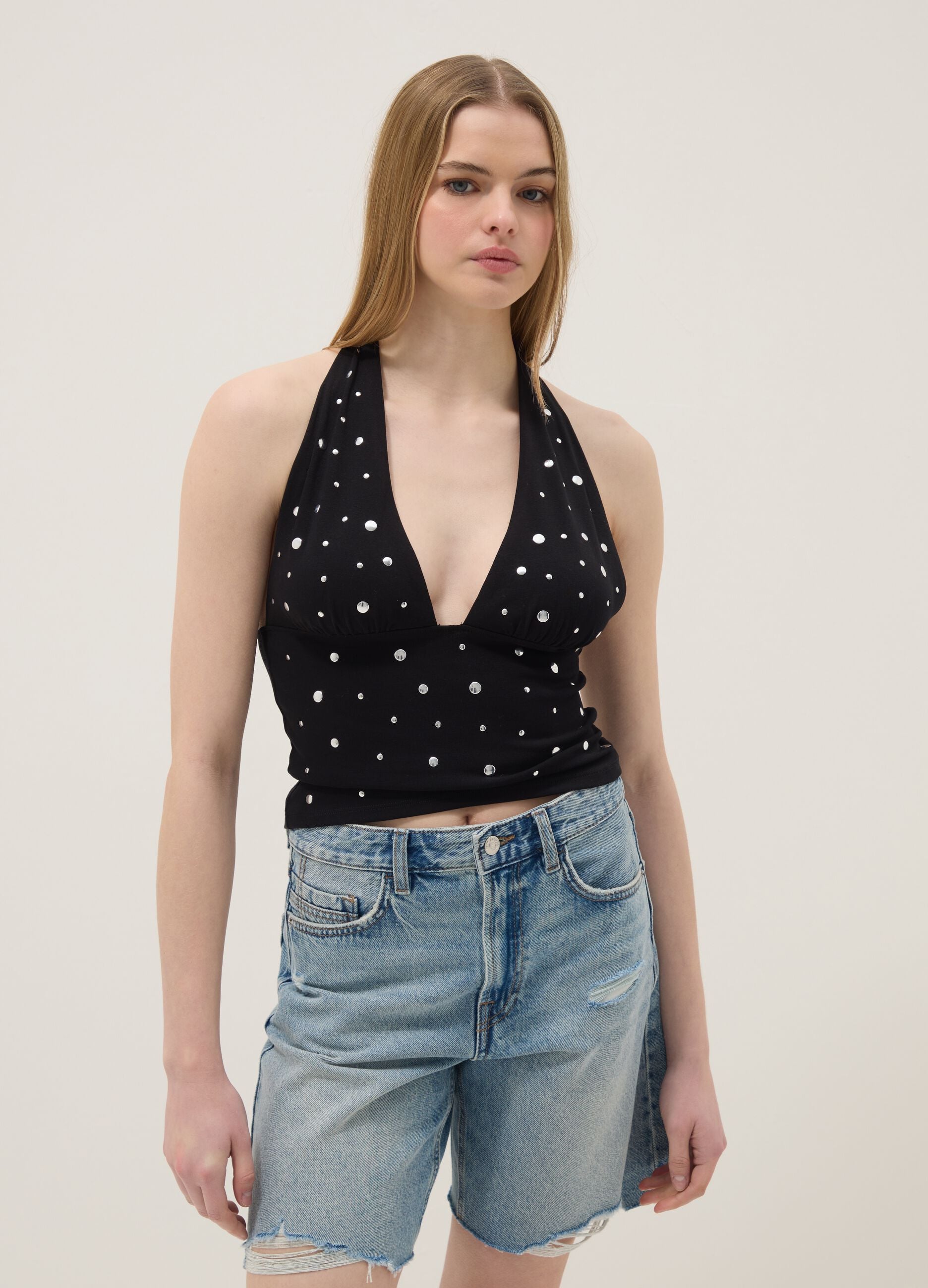 Black stretch cotton regular-fit tank top with deep neckline
