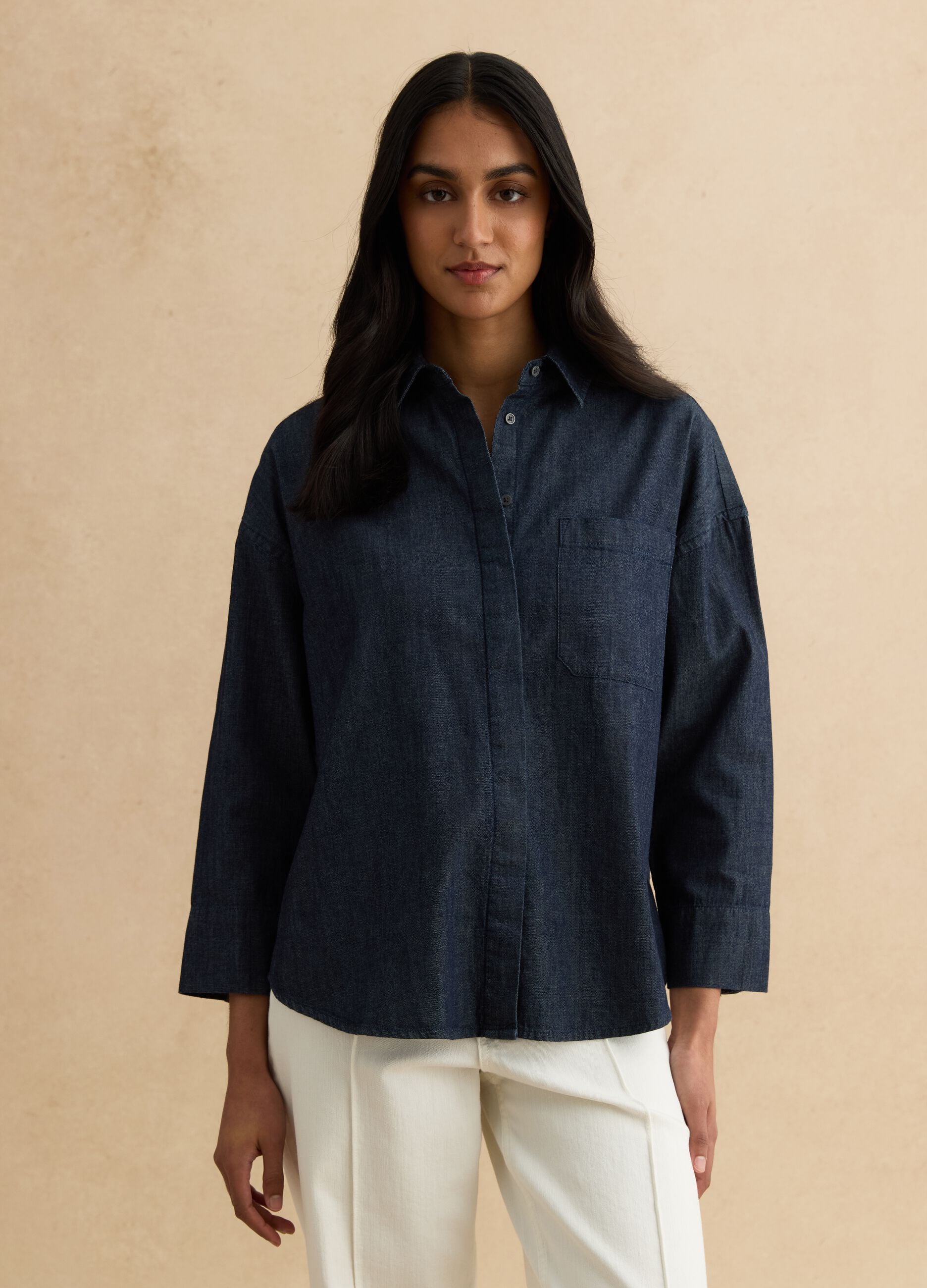 Oversized fit long shirt in pure blue denim cotton