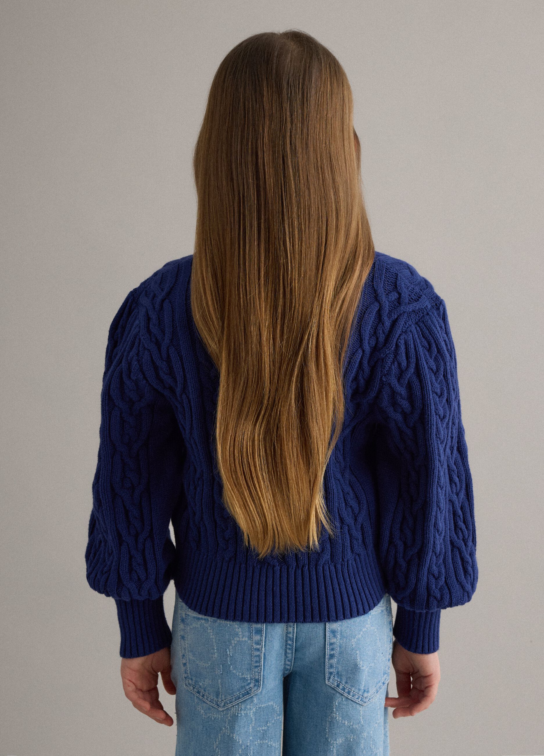 Girls' regular fit deep V blue pure cotton braided cardigan