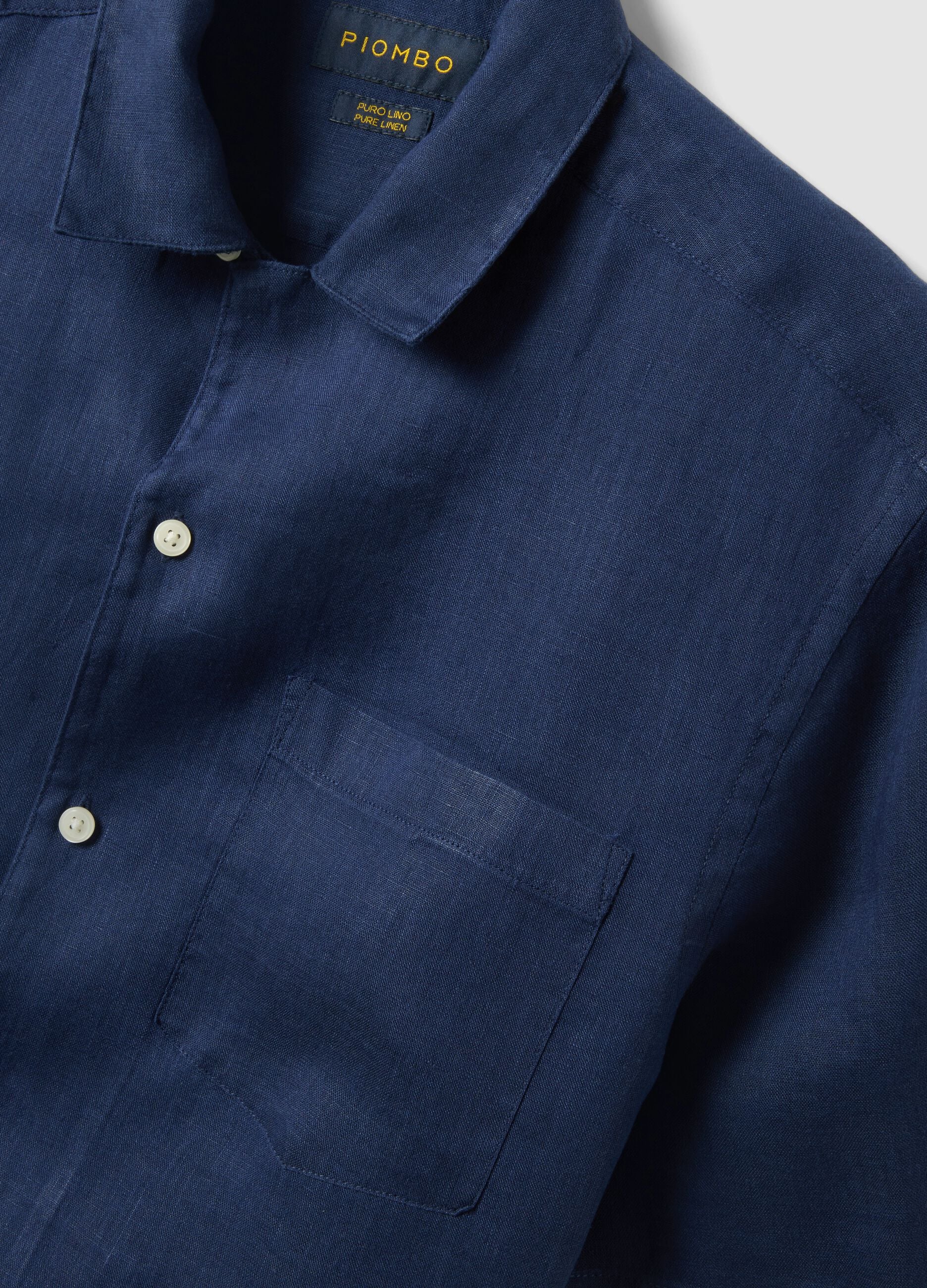 Blue pure linen short-sleeved bowling-collar shirt, regular fit