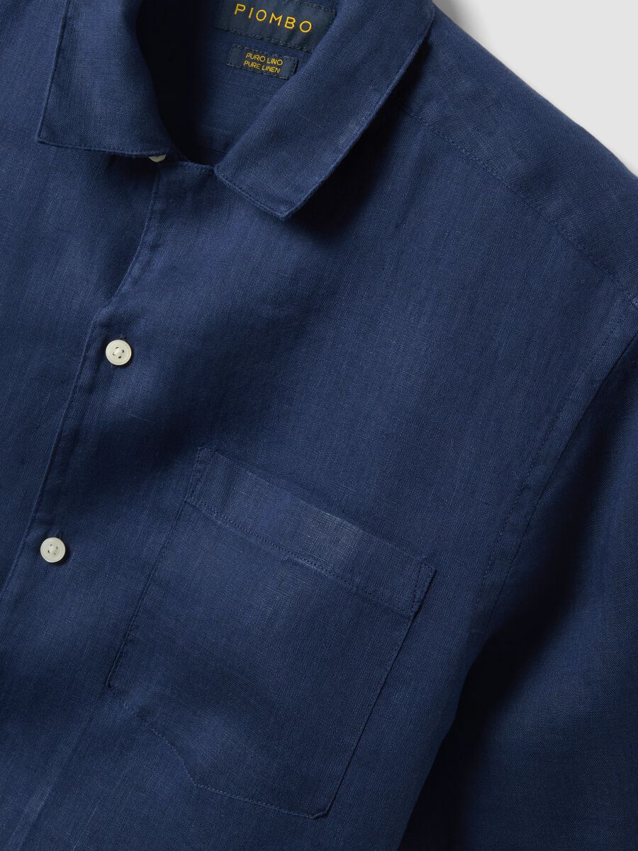Blue pure linen short-sleeved bowling-collar shirt, regular fit_5