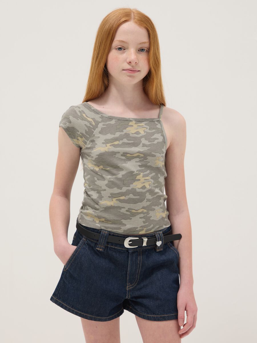 Grey cotton-blend one-shoulder T-shirt with camouflage print_0