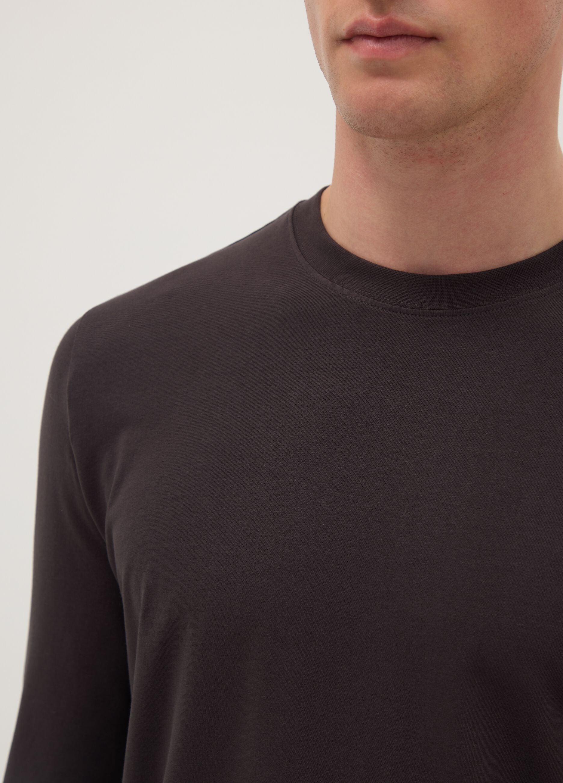 Brown long-sleeve T-shirt in stretchy cotton regular fit