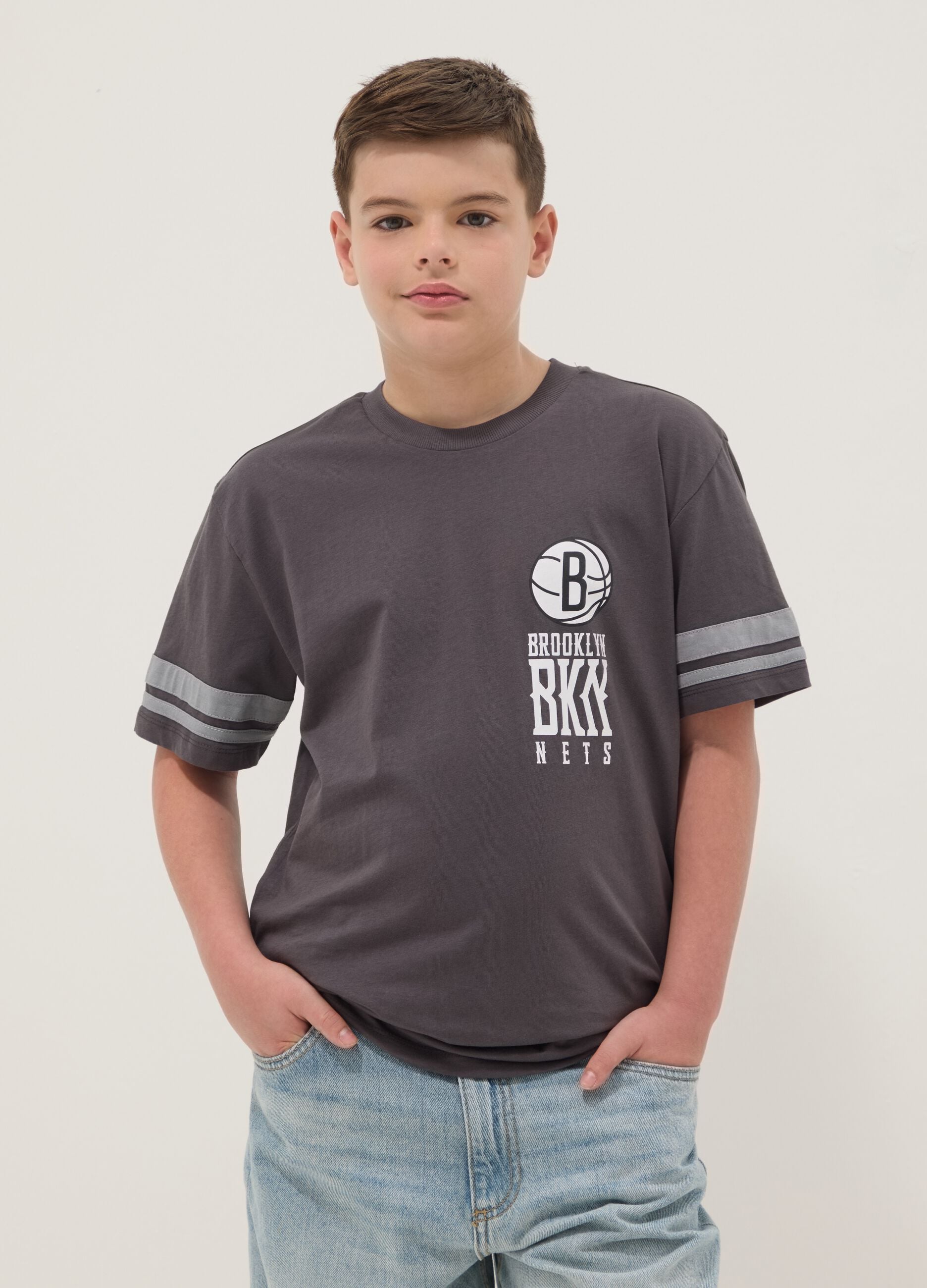 Boy's grey pure cotton t-shirt relaxed fit Brooklyn Nets