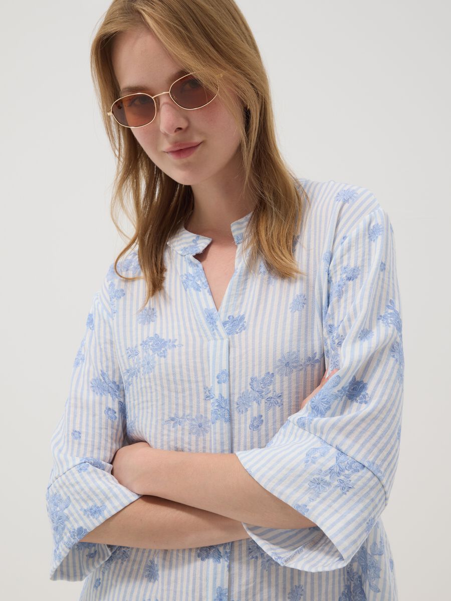 Light Blue Viscose-Blend Blouse with Stripes and Floral Print_0