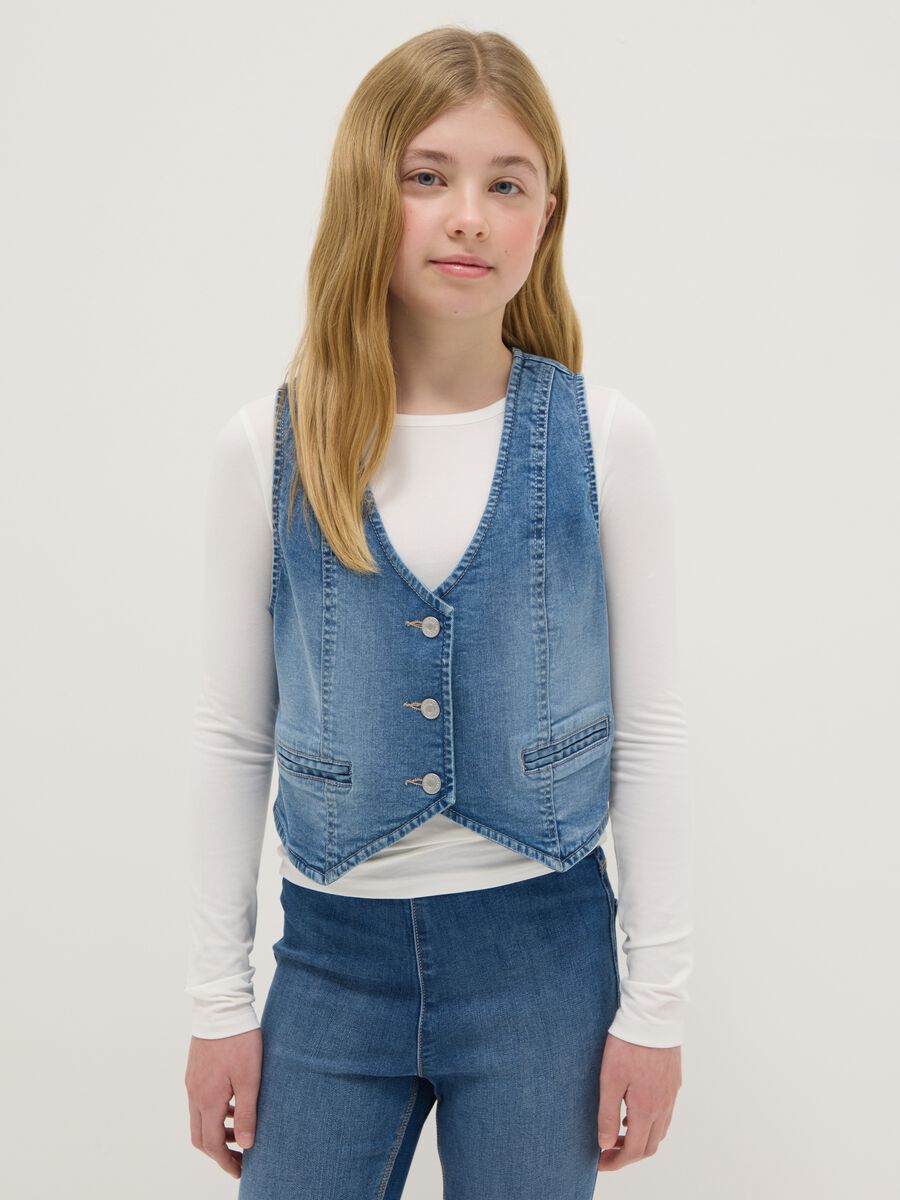 Girls' Slim Fit Blue Stretch Cotton Vest_0