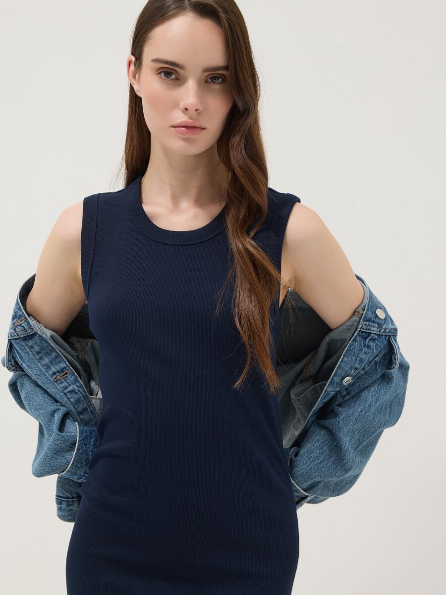 Blue ribbed stretch cotton midi dress_2