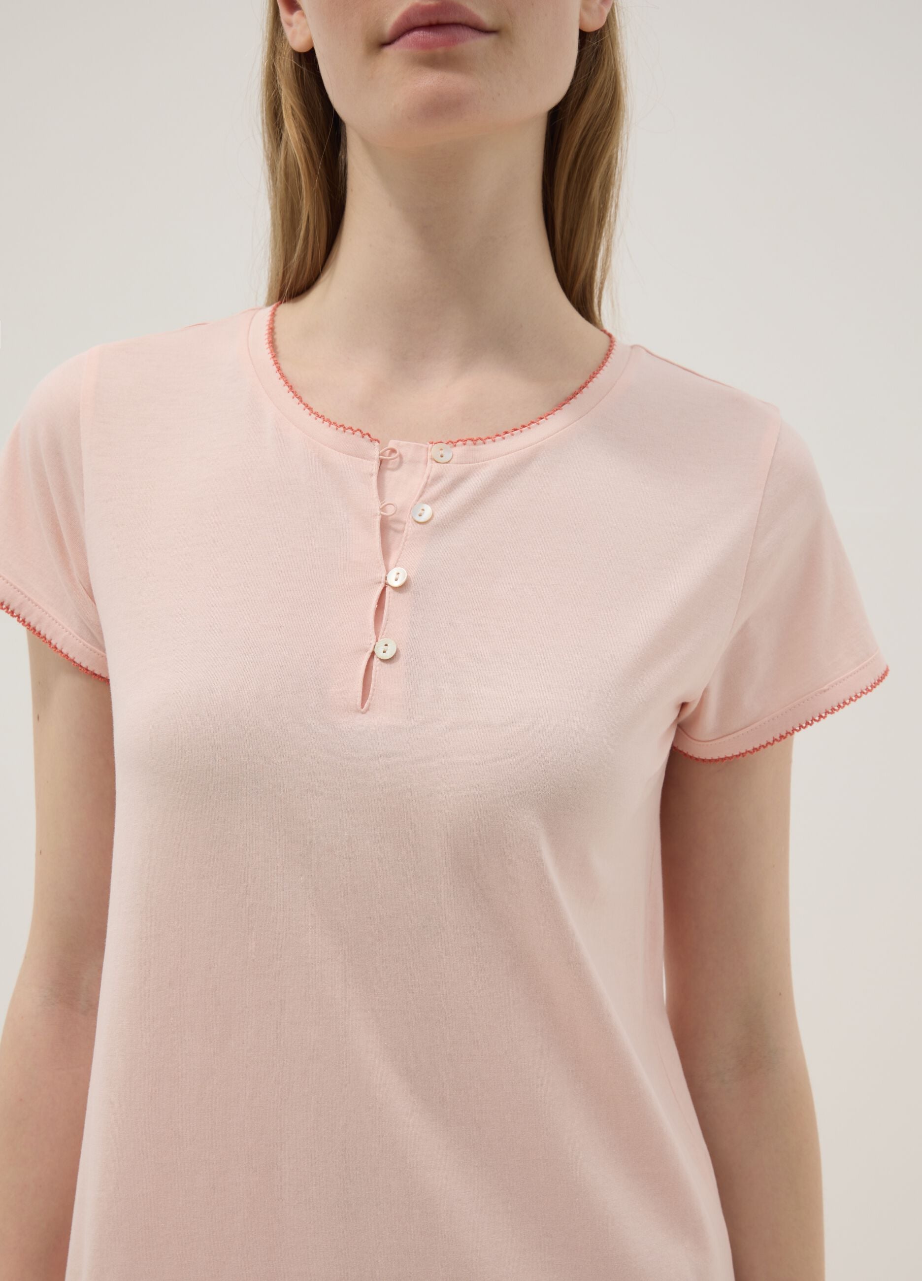 Pink pure cotton nightdress regular fit with Henley neckline