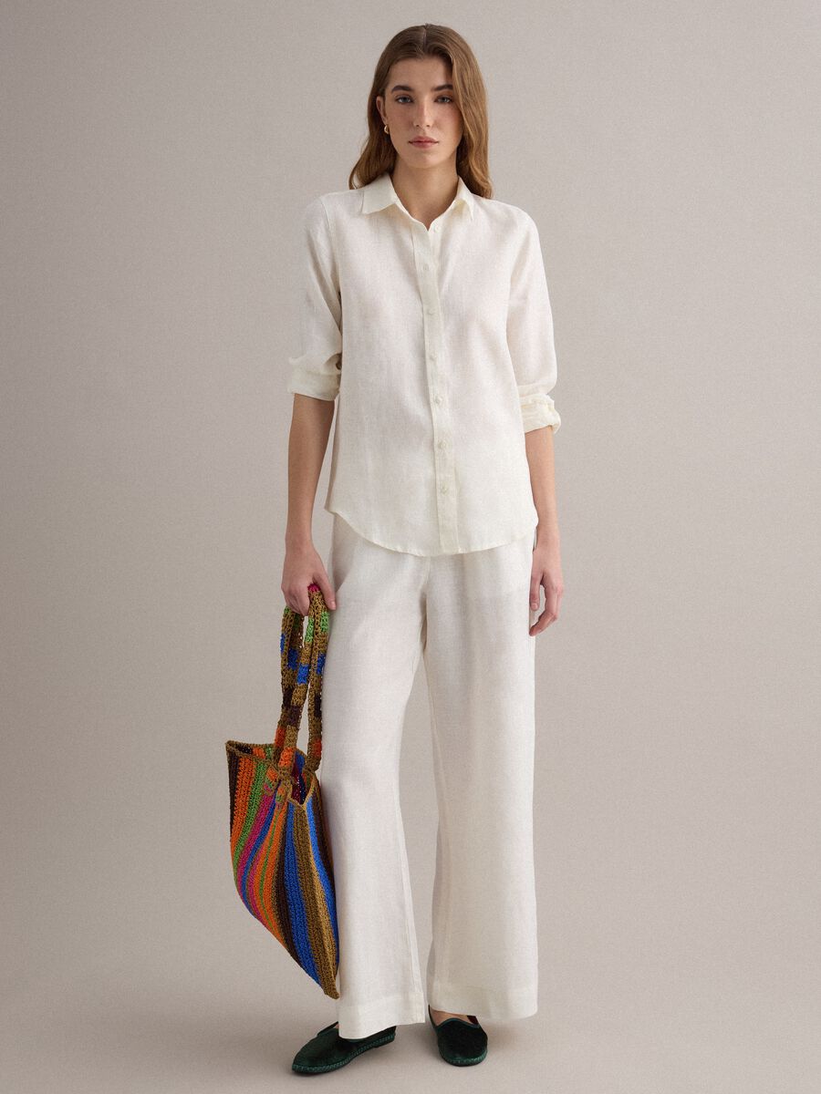 White pure linen straight-fit drawstring trousers_0