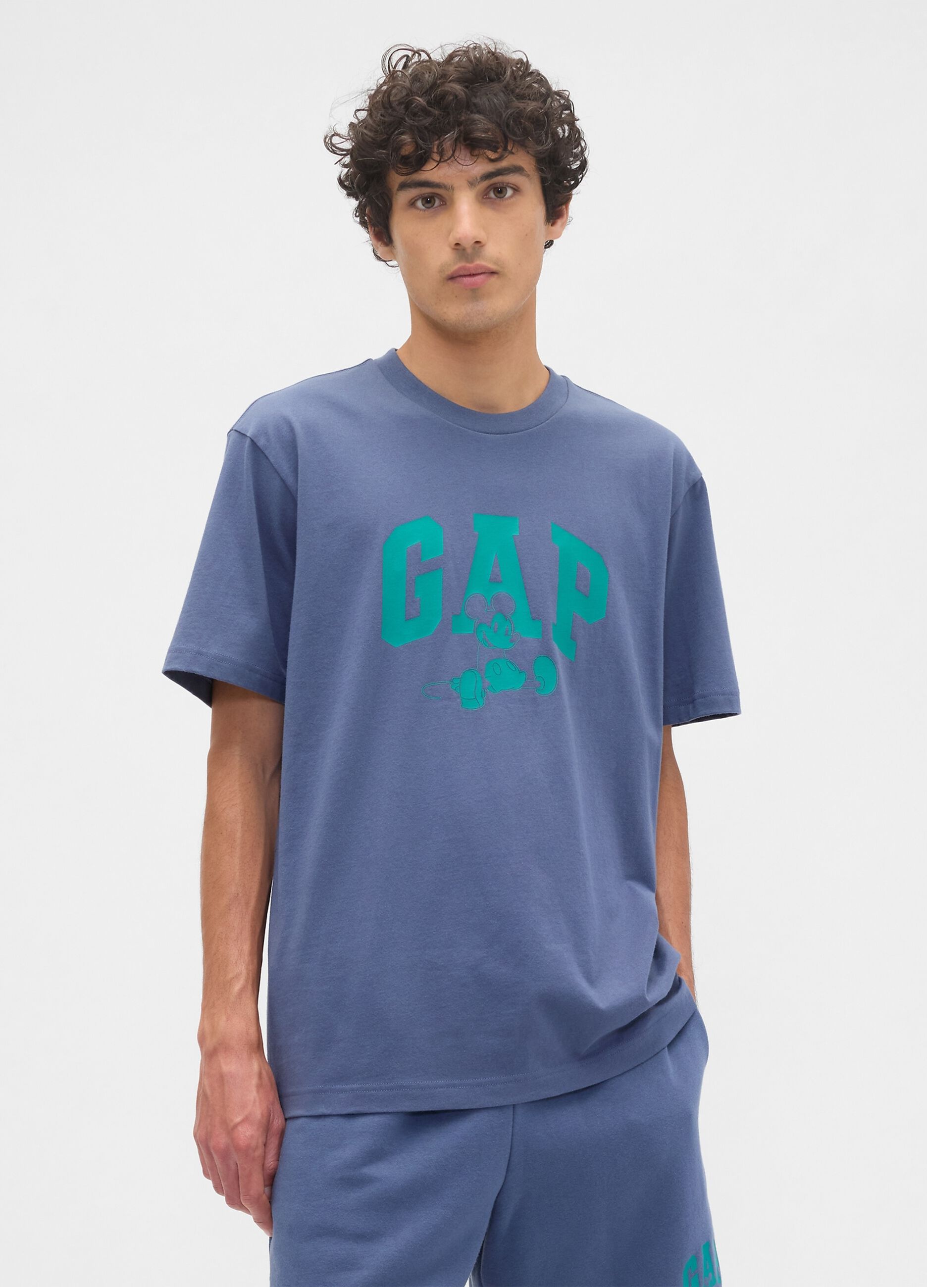Short-sleeve blue cotton blend t-shirt
