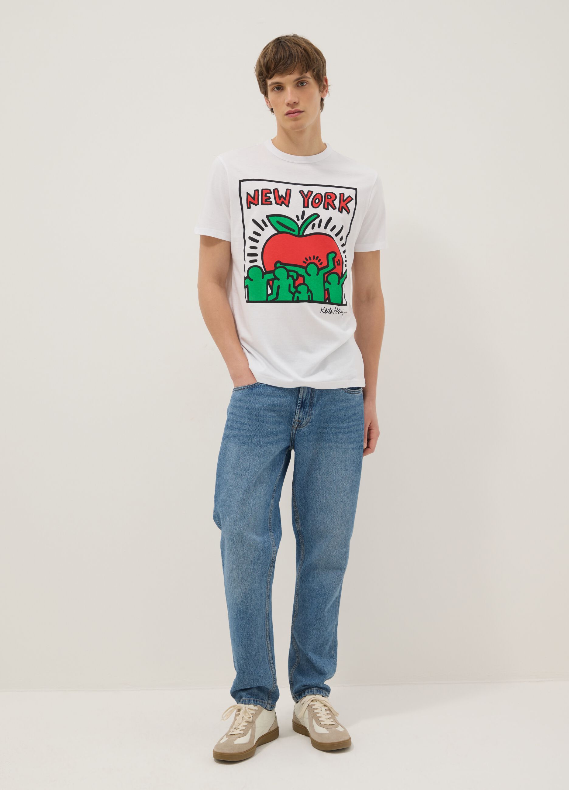 White pure cotton regular fit T-shirt with Keith Haring print