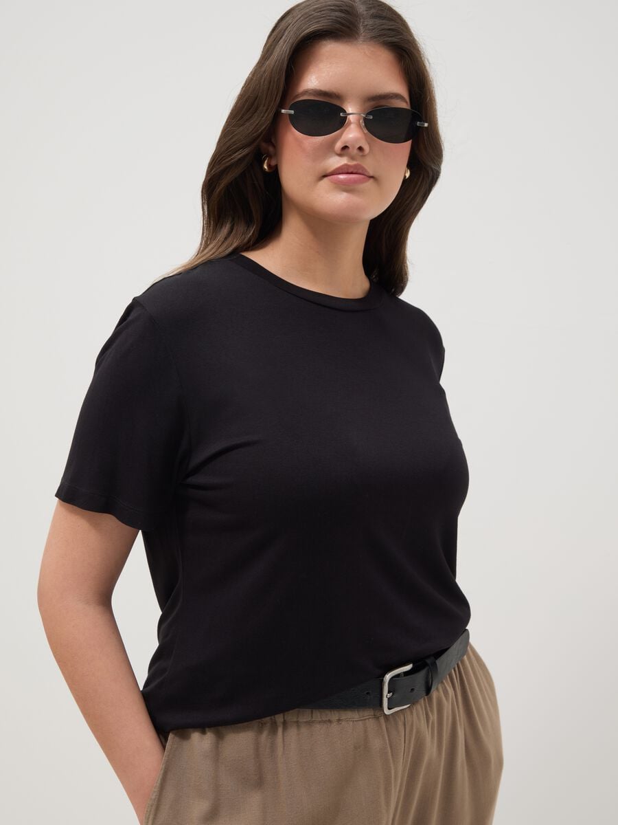 Black stretch viscose regular fit t-shirt with drawstring closure_1