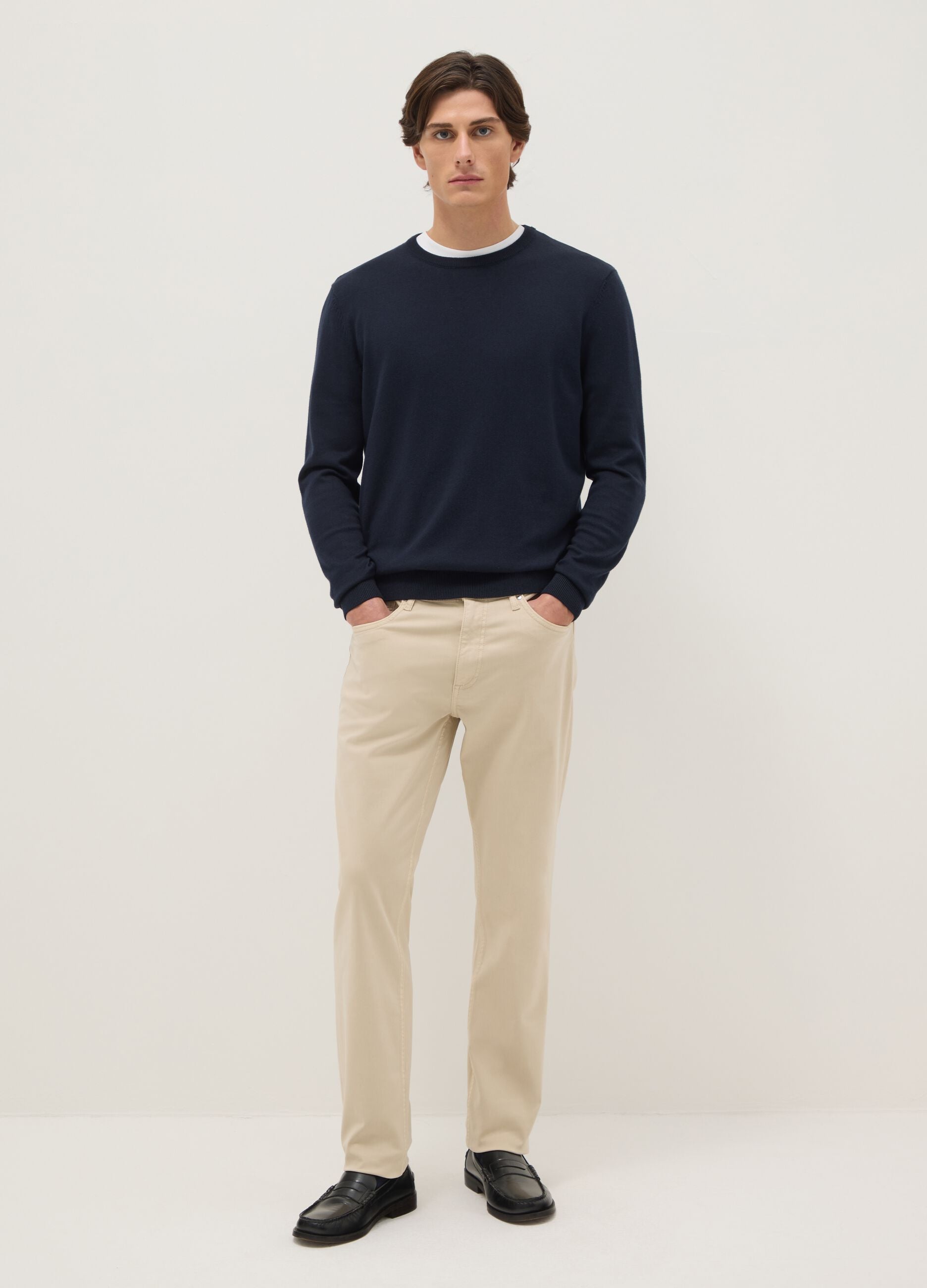 Slim Fit Beige Stretch Cotton Trousers