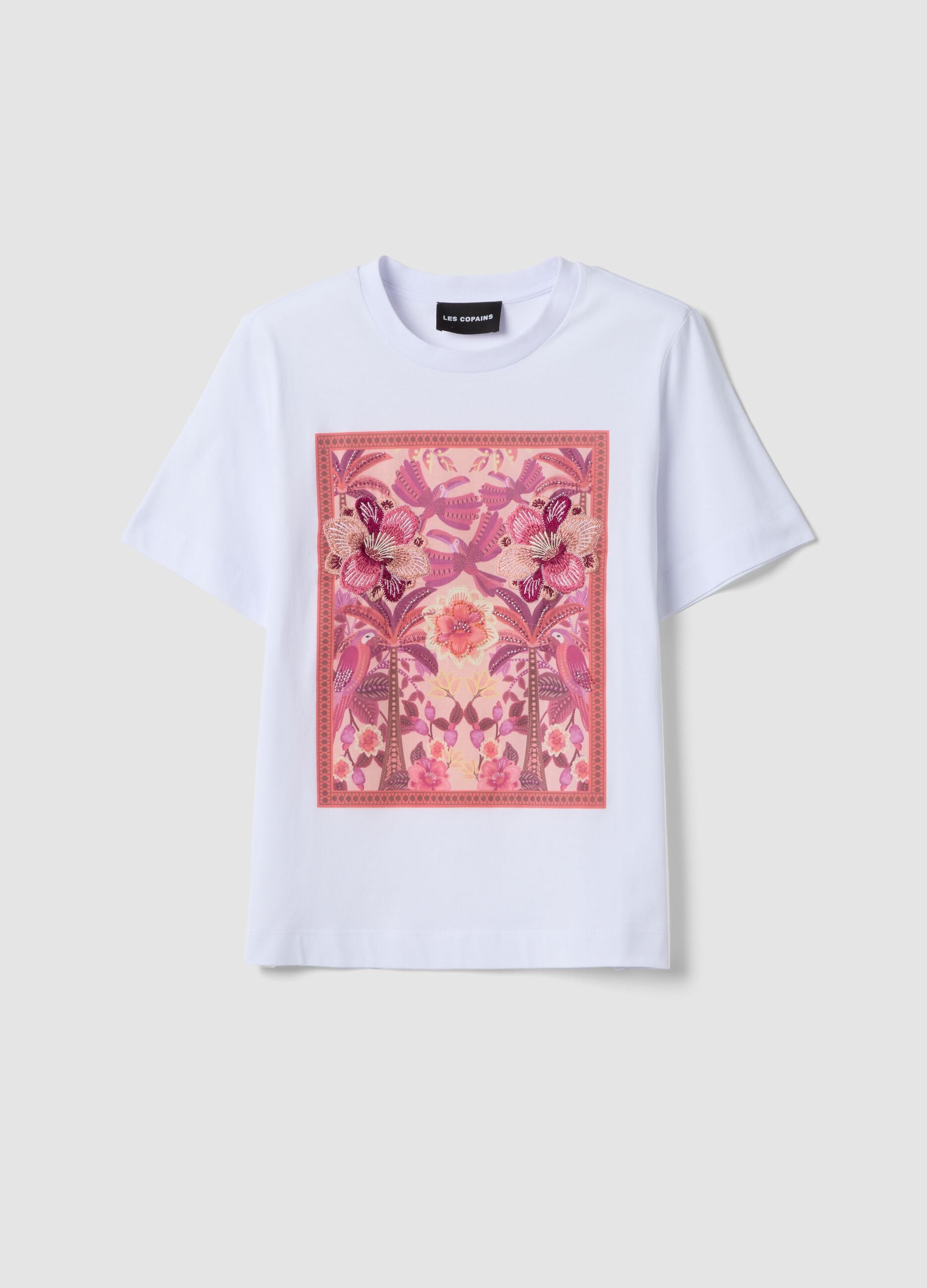 T-shirt bianca in puro cotone con stampa ricamata floreale