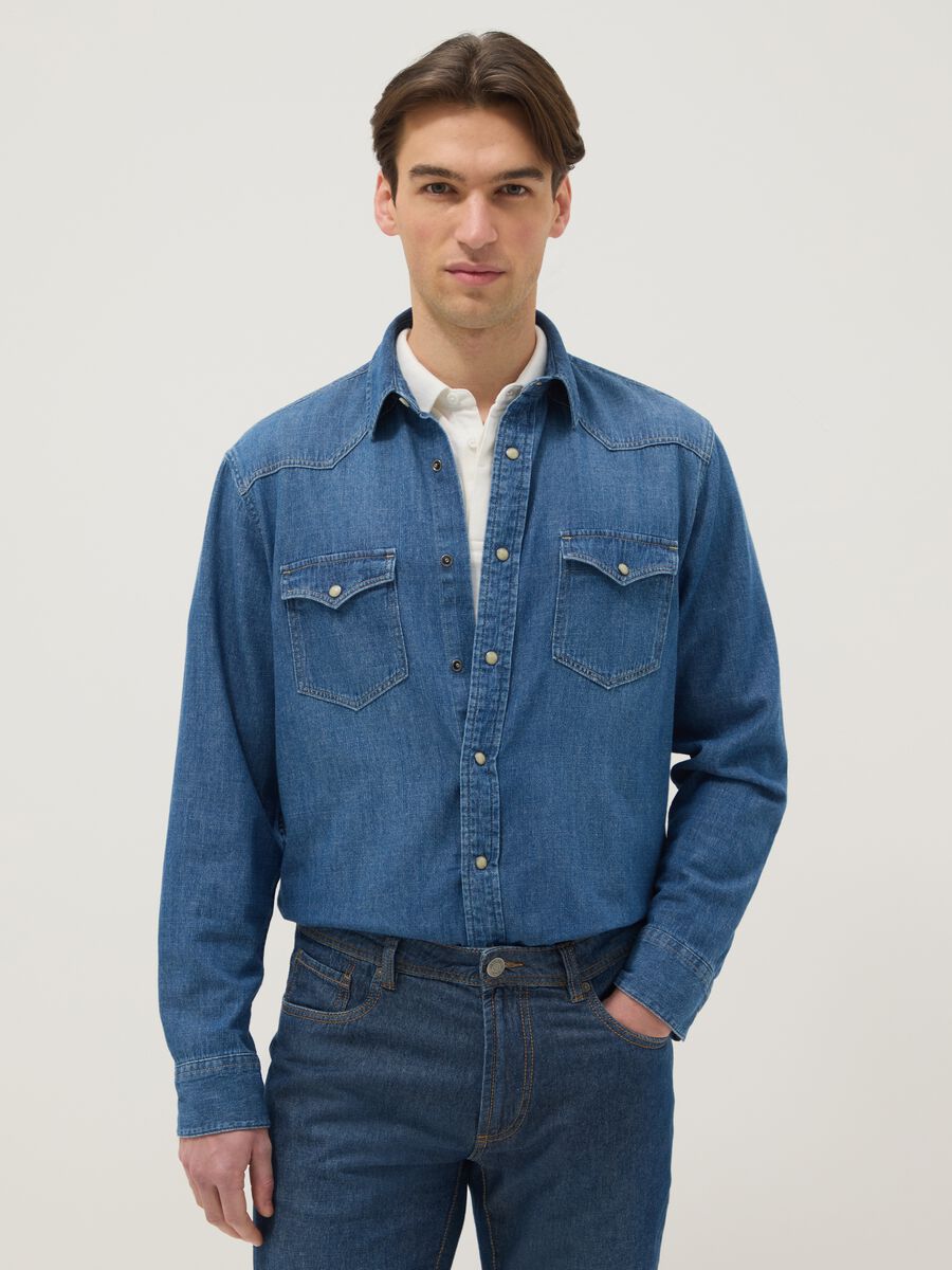 Blue denim regular fit pure cotton shirt with pockets_1