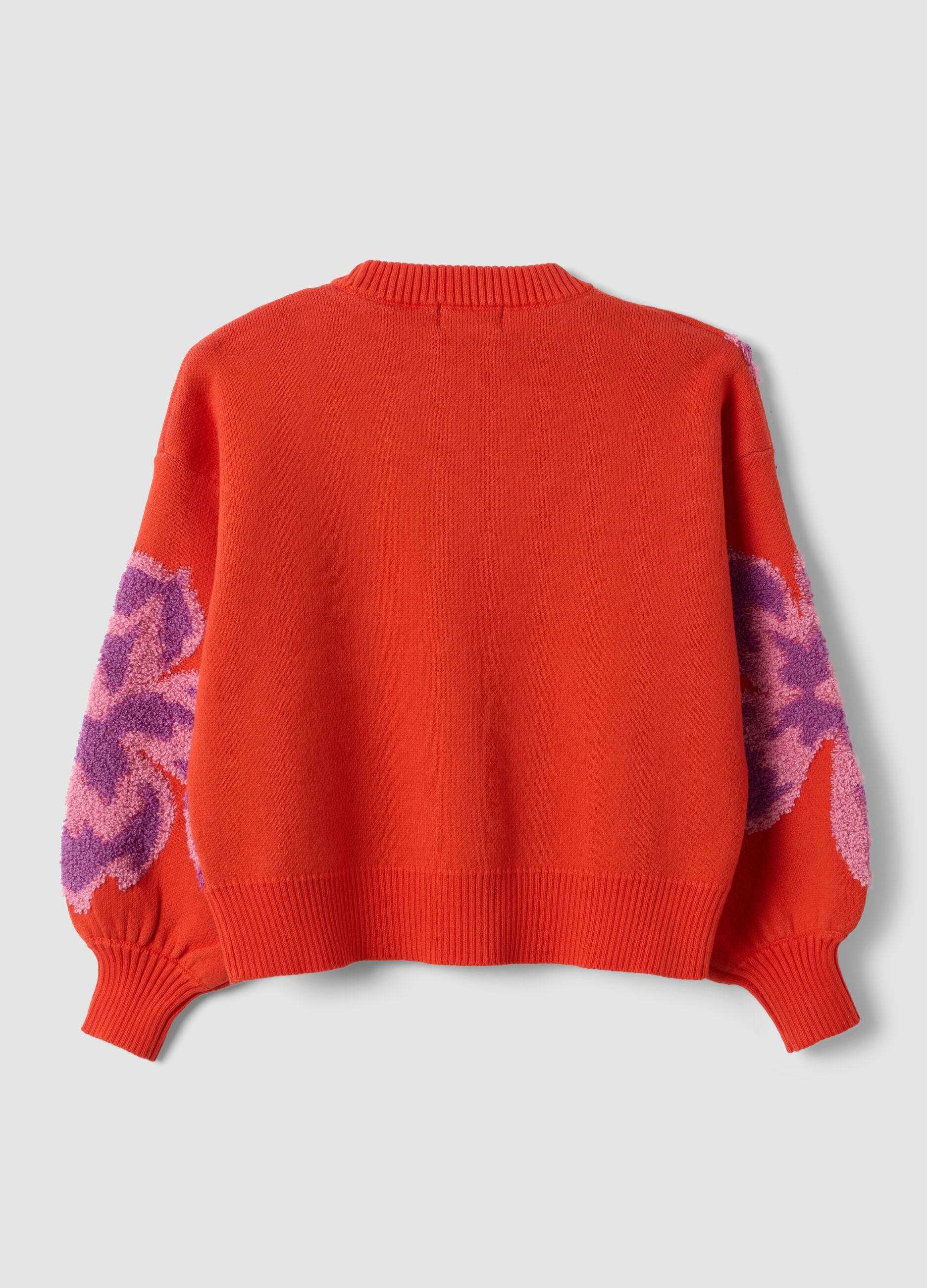 Red pure cotton crew-neck jumper with floral pattern for girls