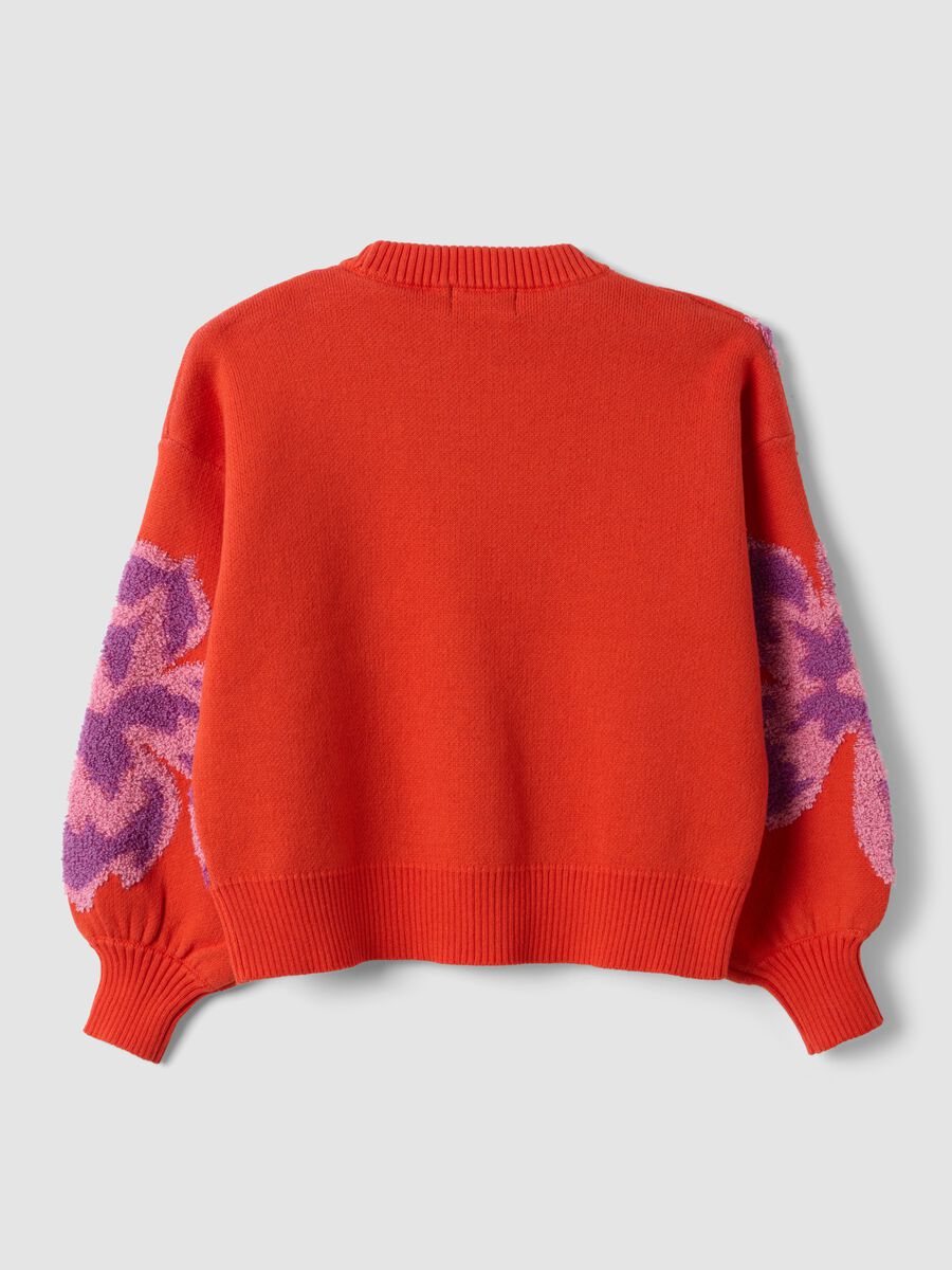 Red pure cotton crew-neck jumper with floral pattern for girls_4