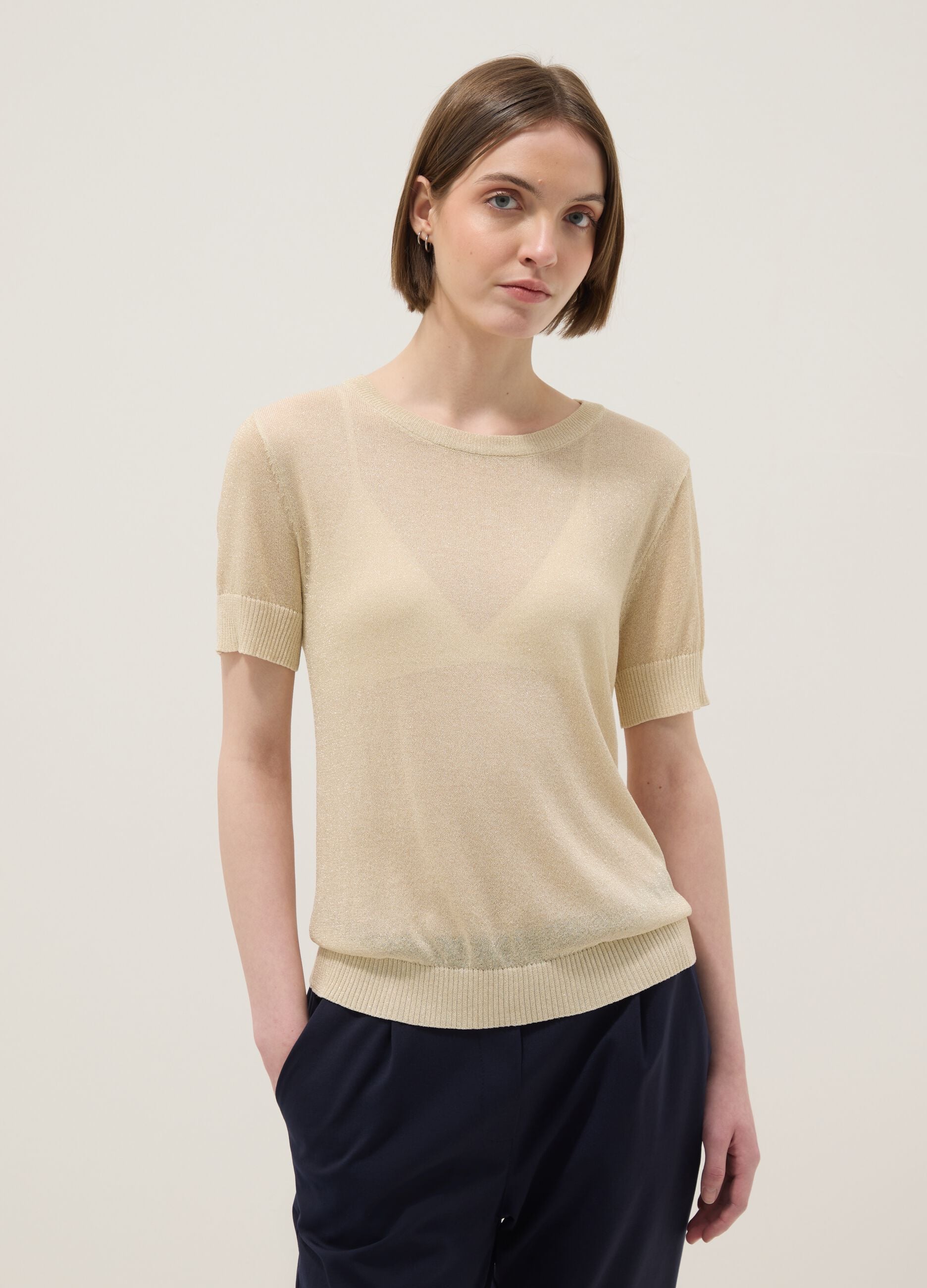 Beige viscose blend regular fit T-shirt with transparent accents