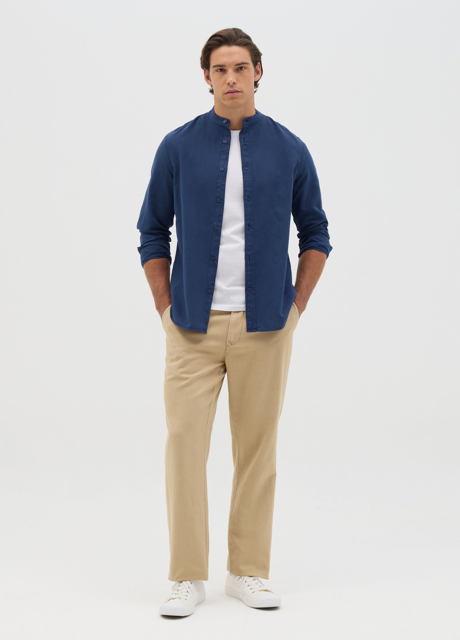 Blue cotton and linen, regular fit men's shirt with band collar