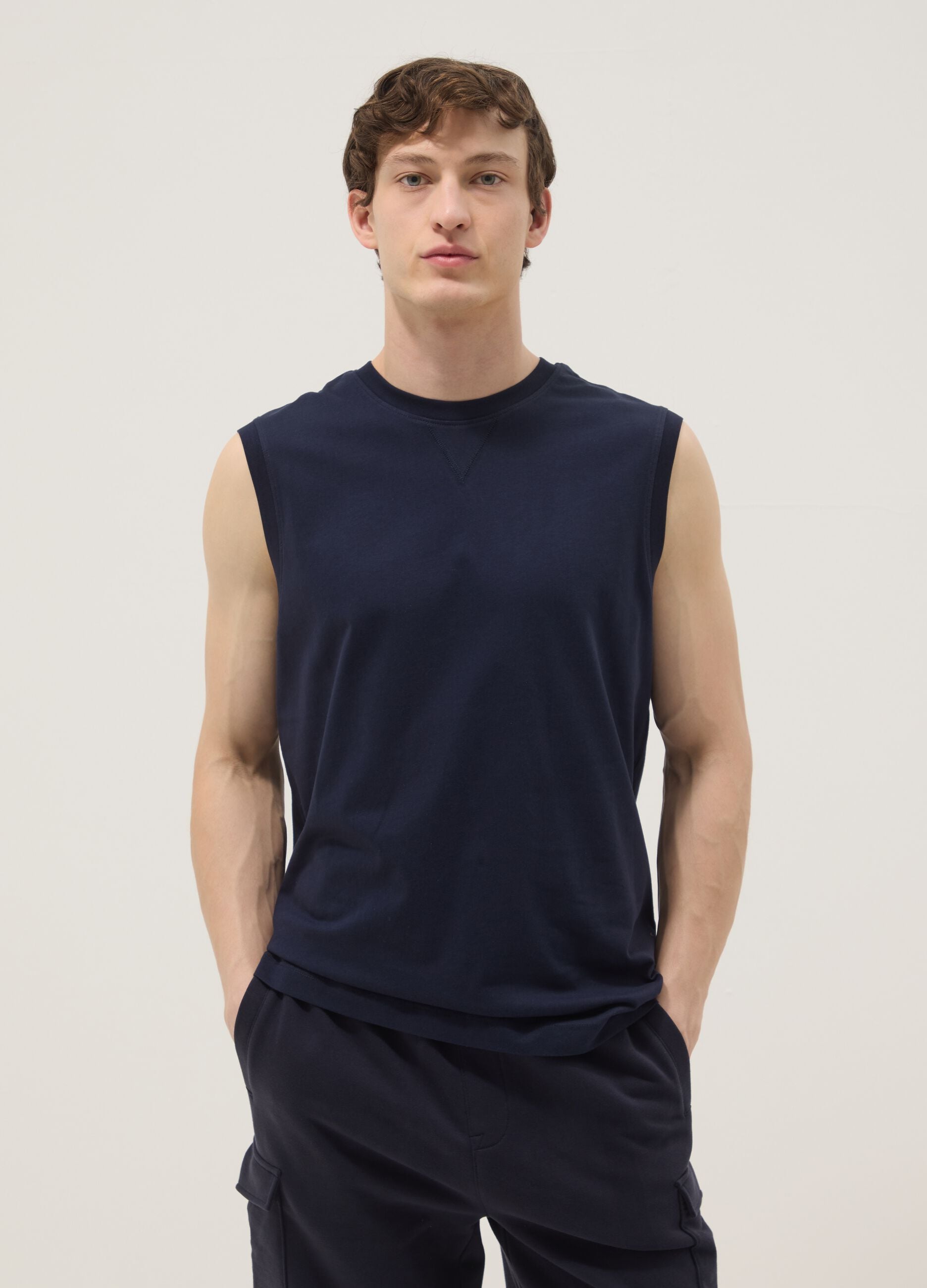 Blue crew-neck cotton vest in relaxed fit