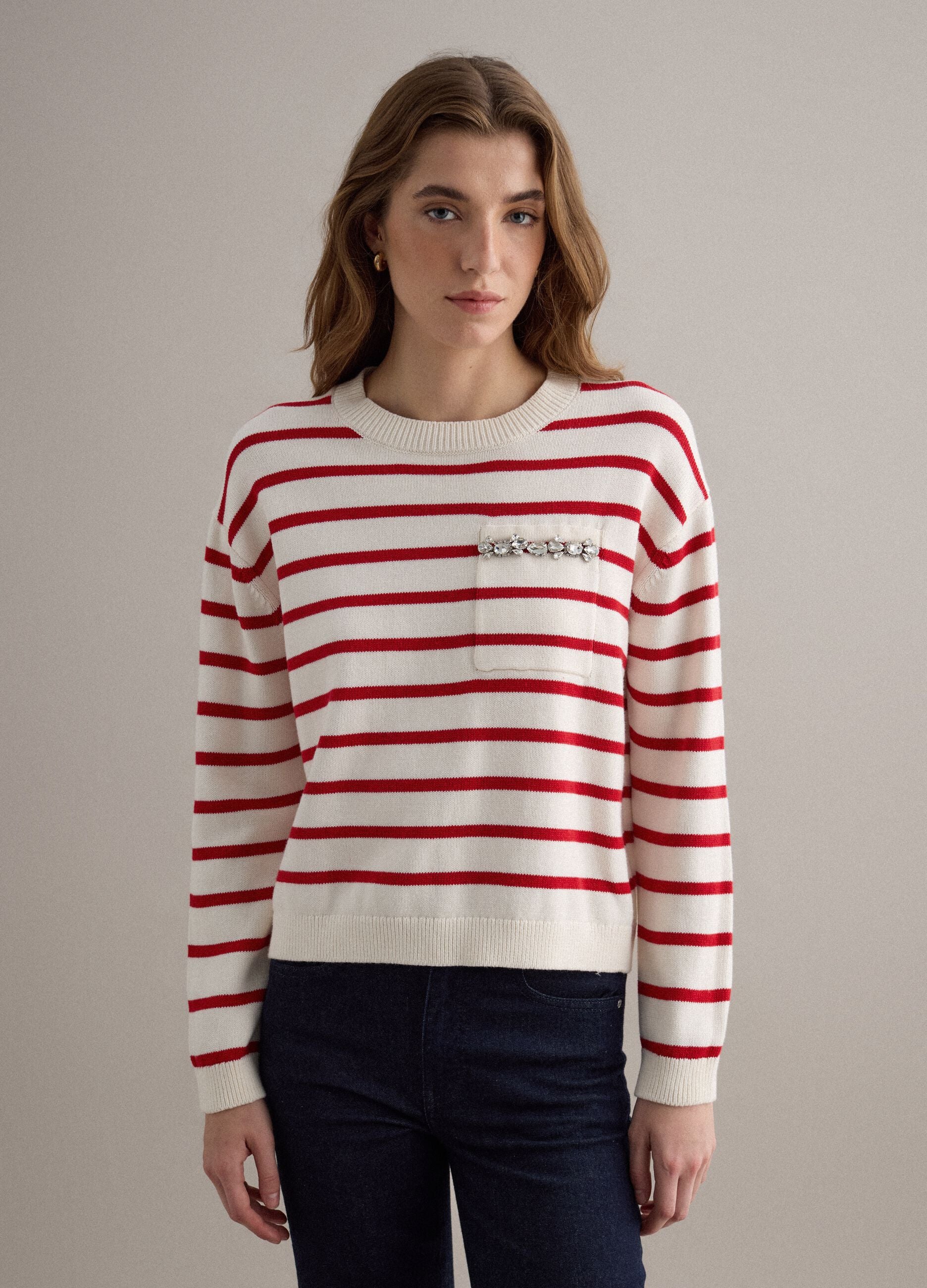 Beige jumper with red stripes in pure cotton regular fit
