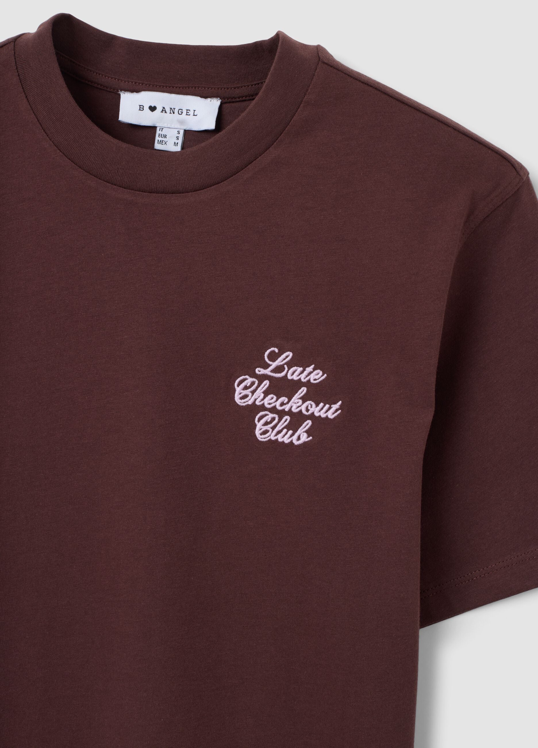 Brown relaxed-fit pure cotton T-shirt with embroidered slogan