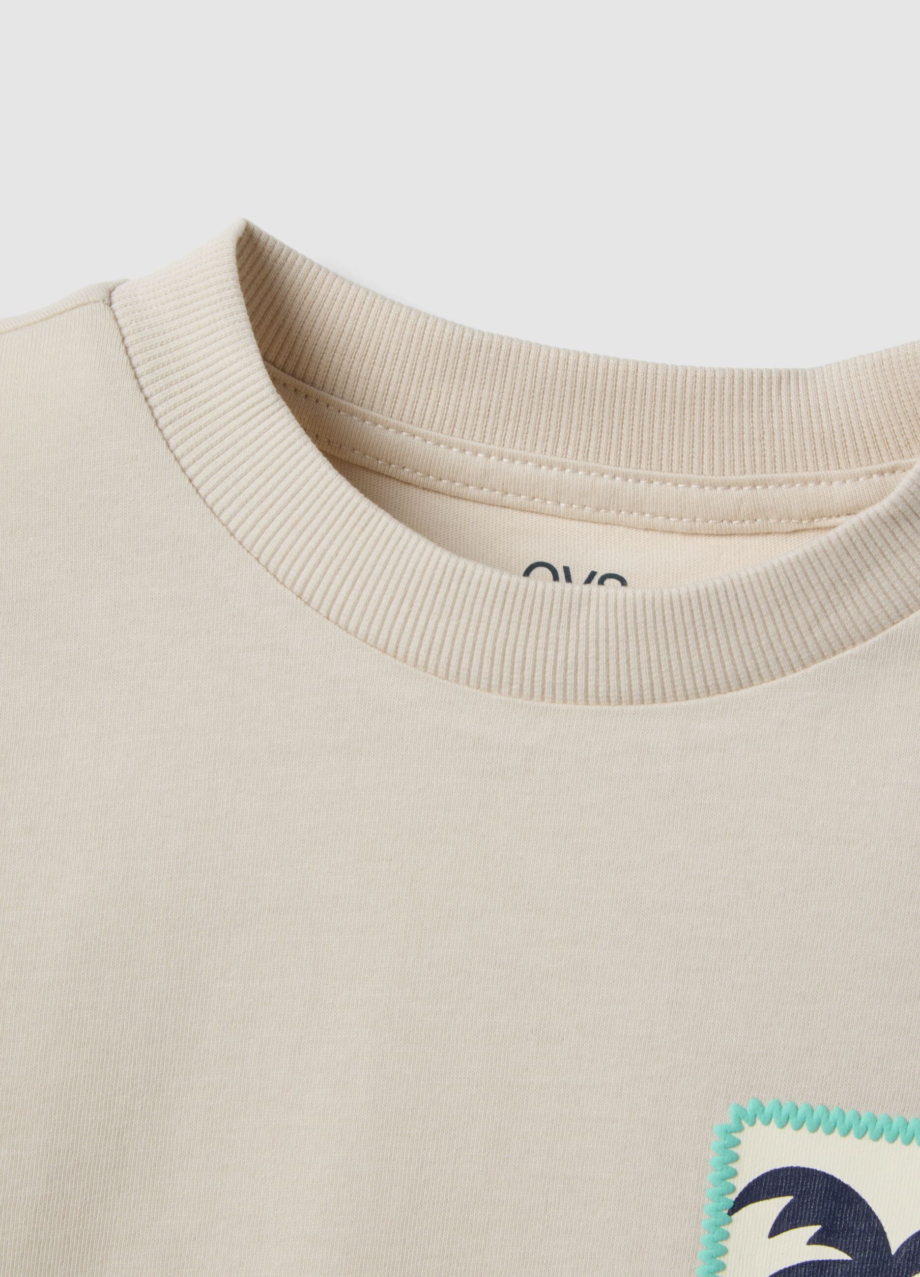 Children's beige pure cotton T-shirt, regular fit with palm print