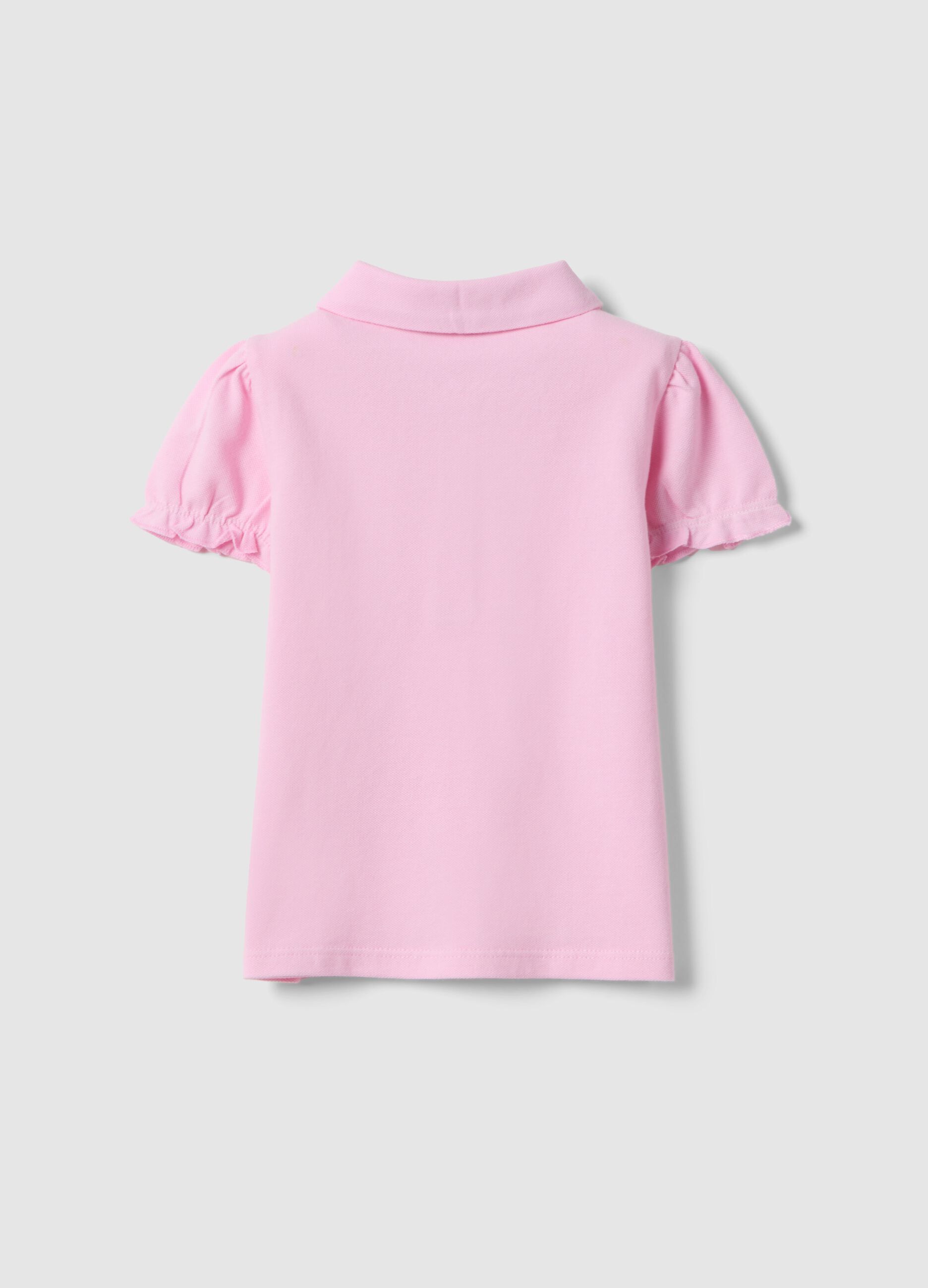 Girls' pink pure cotton polo with regular fit and ruched sleeves