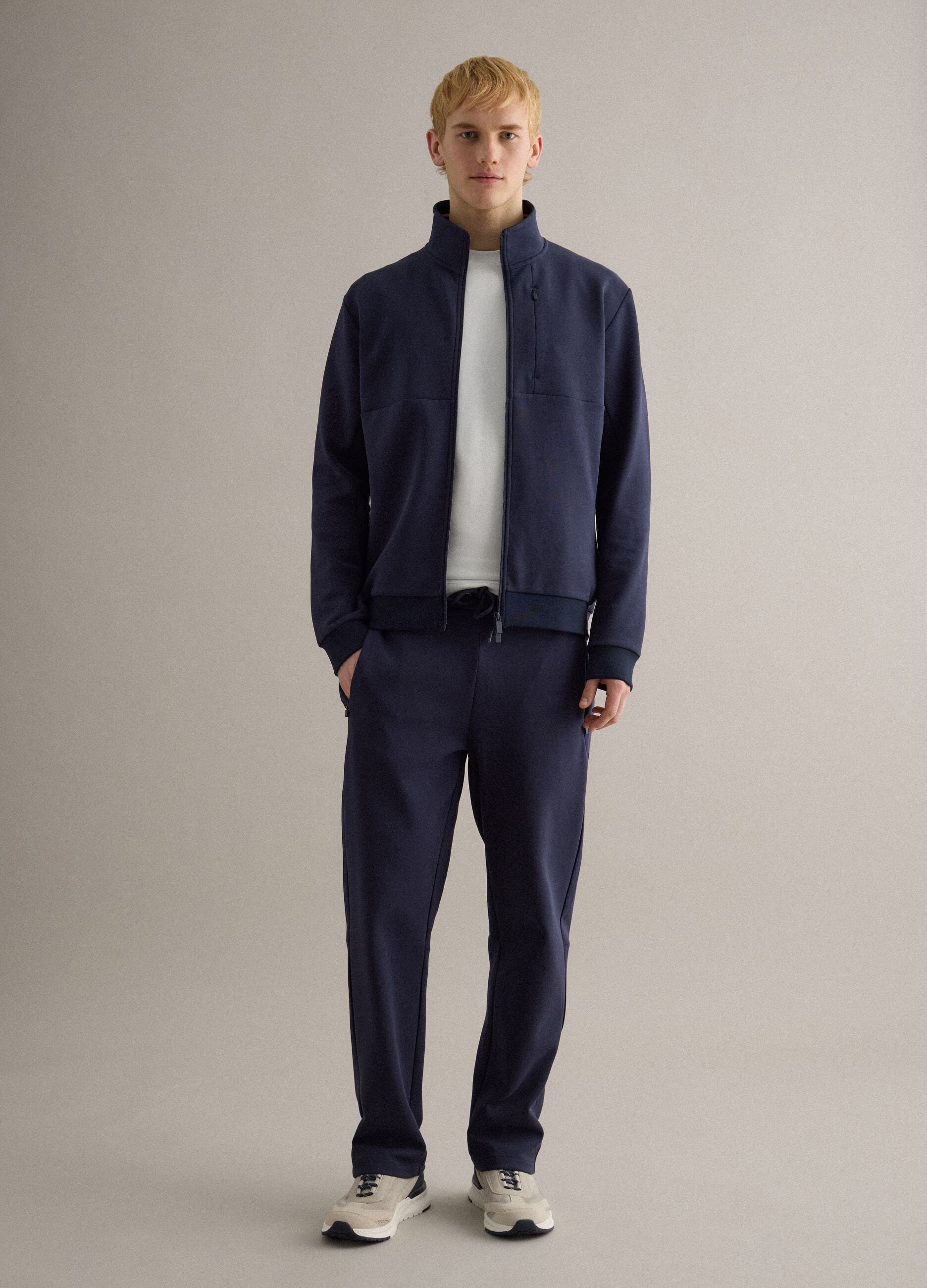 Blue cotton blend regular fit sweatshirt with full zip and high collar