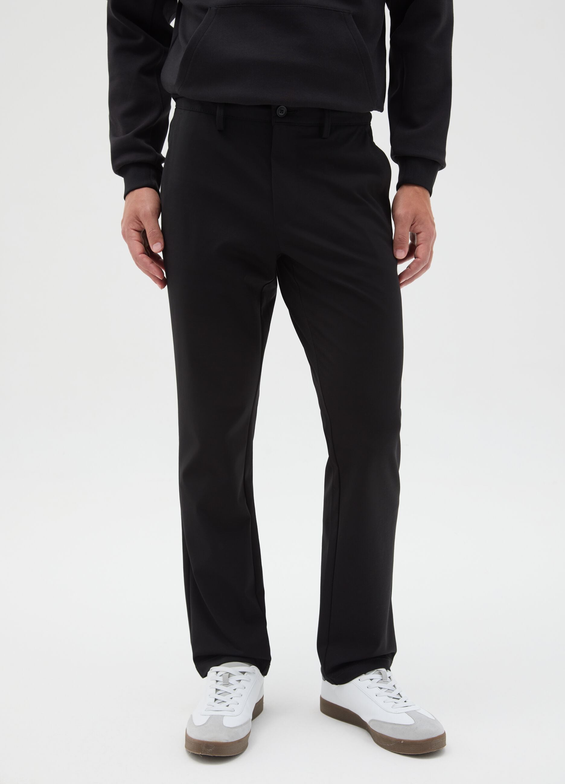 Black cotton blend regular fit chinos