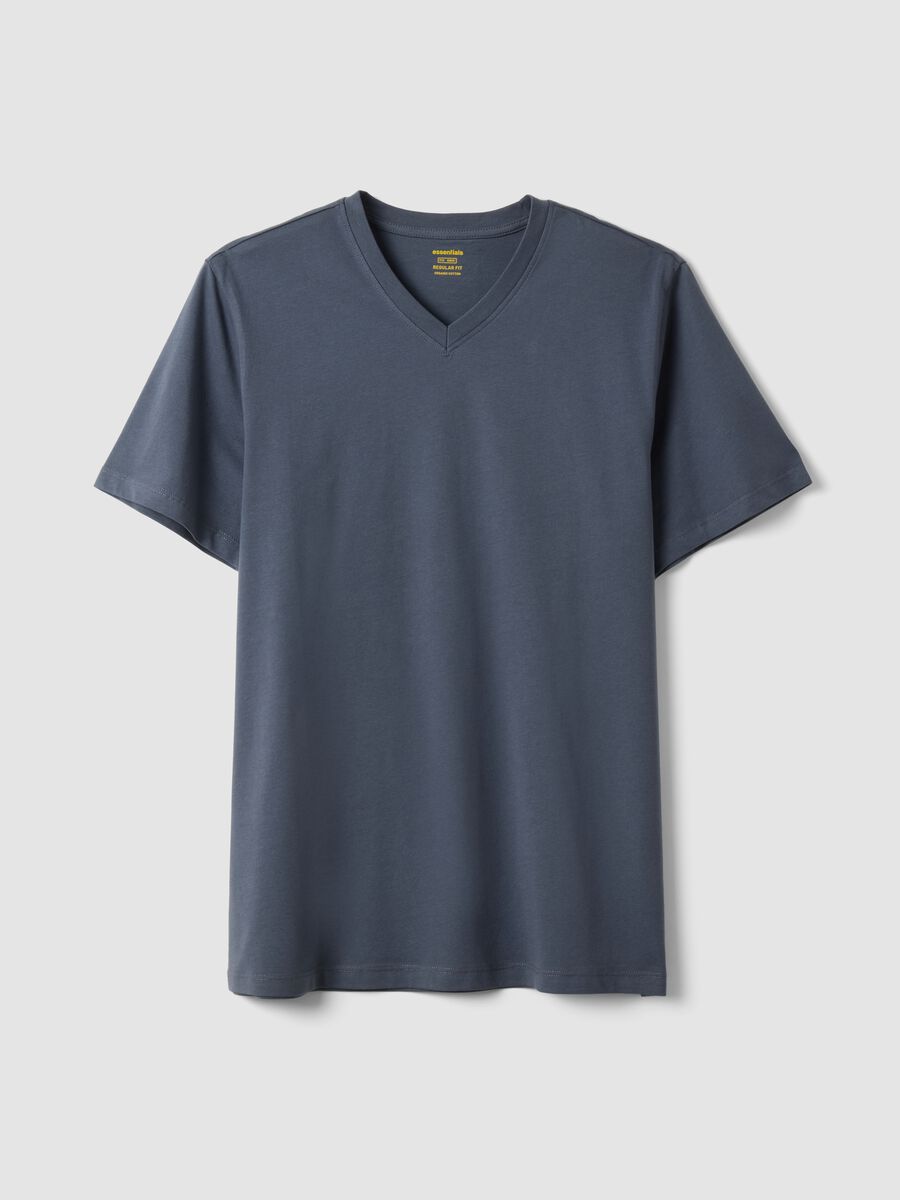Blue pure cotton regular fit V-neck T-shirt_4