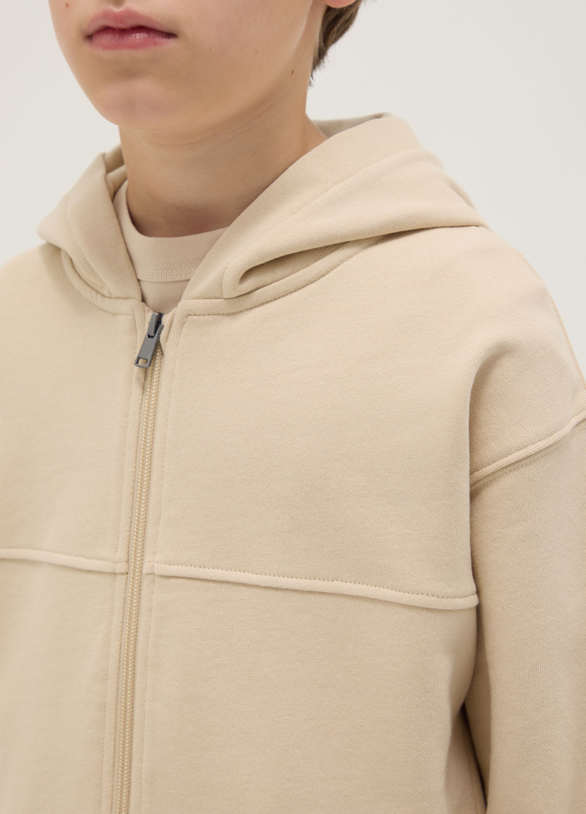 Beige hoodie for boys in pure cotton, oversized fit with hood and zip