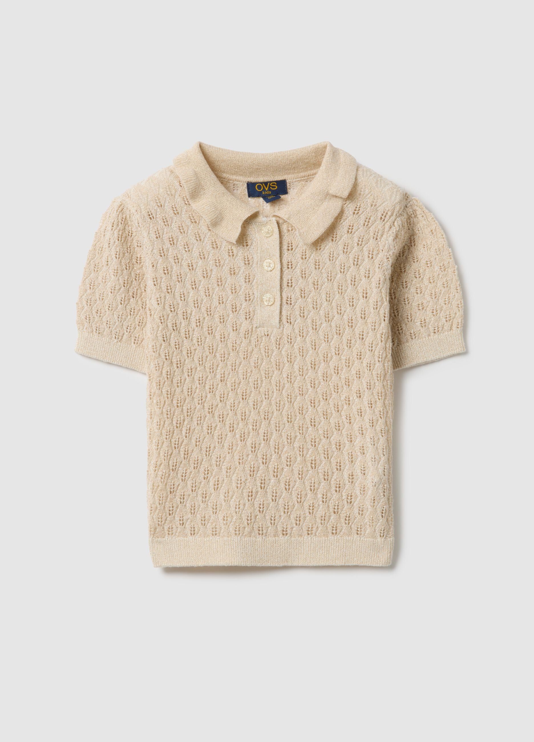Beige cotton blend girl's polo with regular fit and eyelet detail