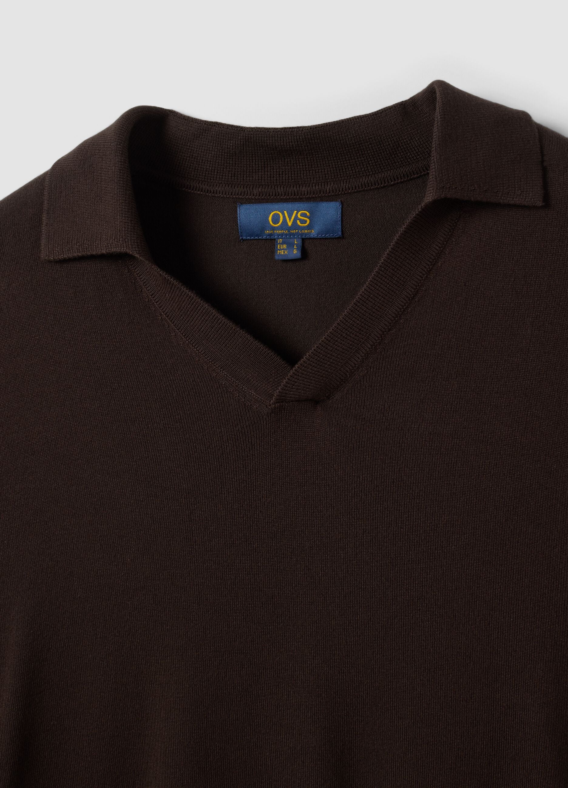 Brown viscose-blend V-neck polo with collar, regular fit