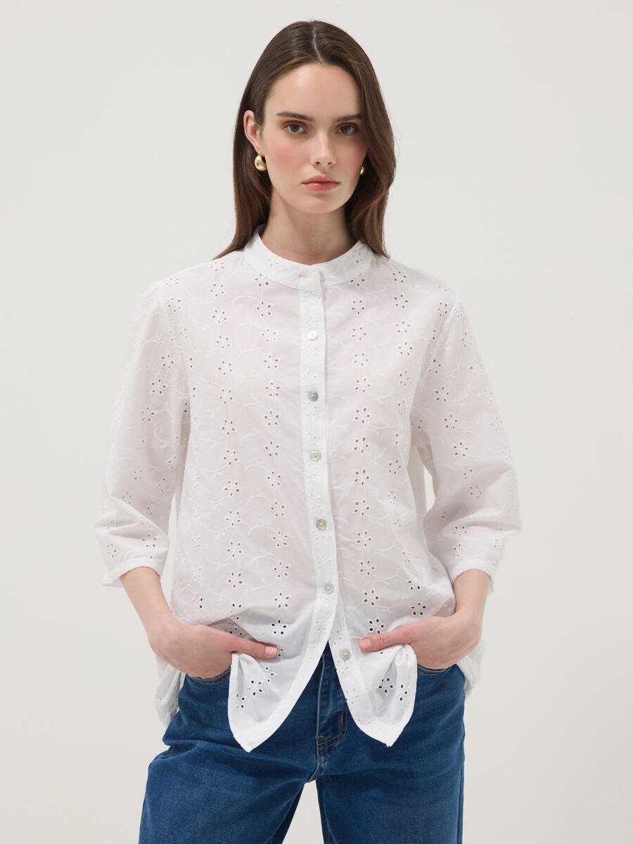 White pure cotton broderie anglaise shirt with band collar, regular fit_1