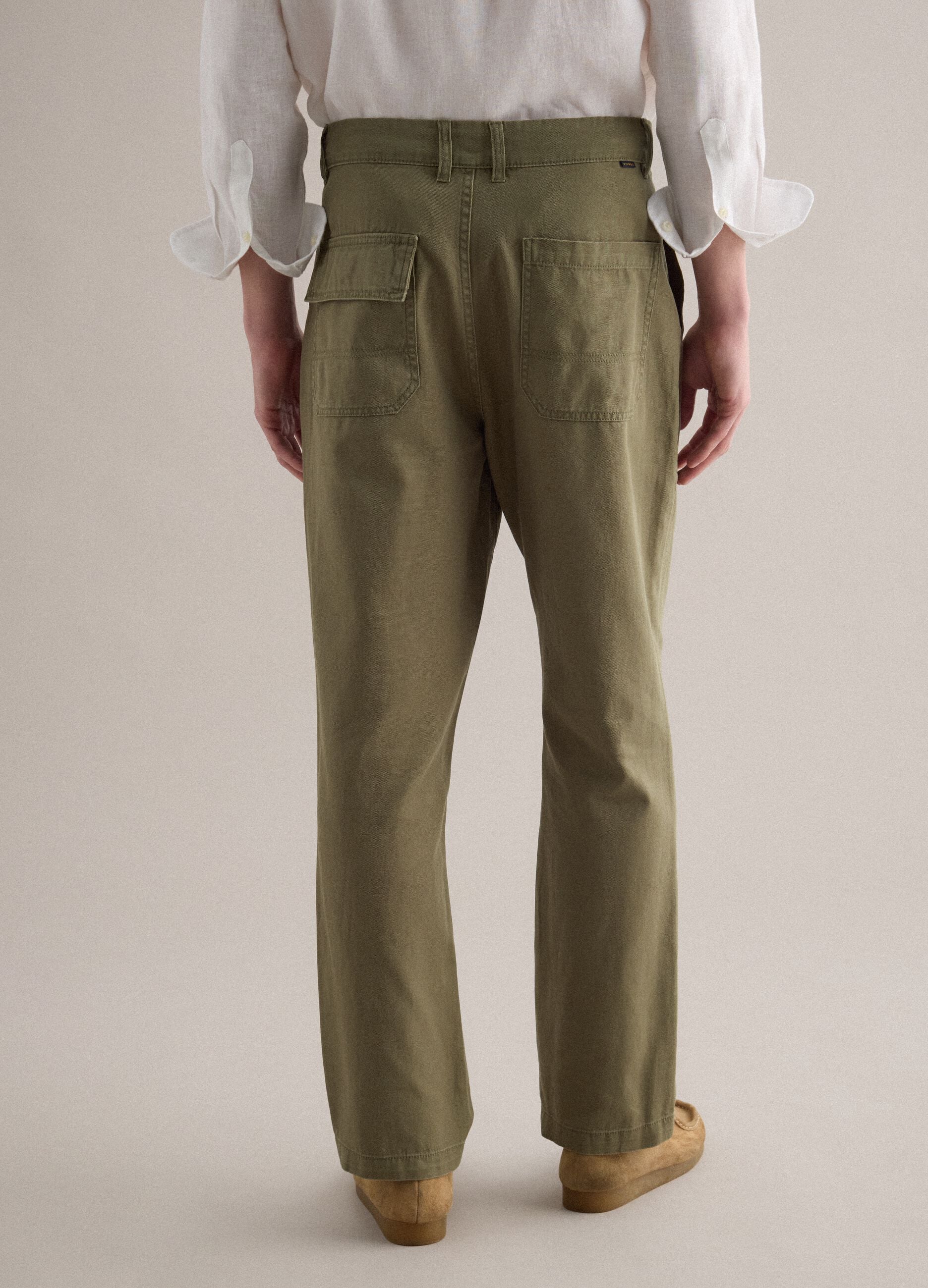 Green Cotton and Linen Trousers Regular Fit