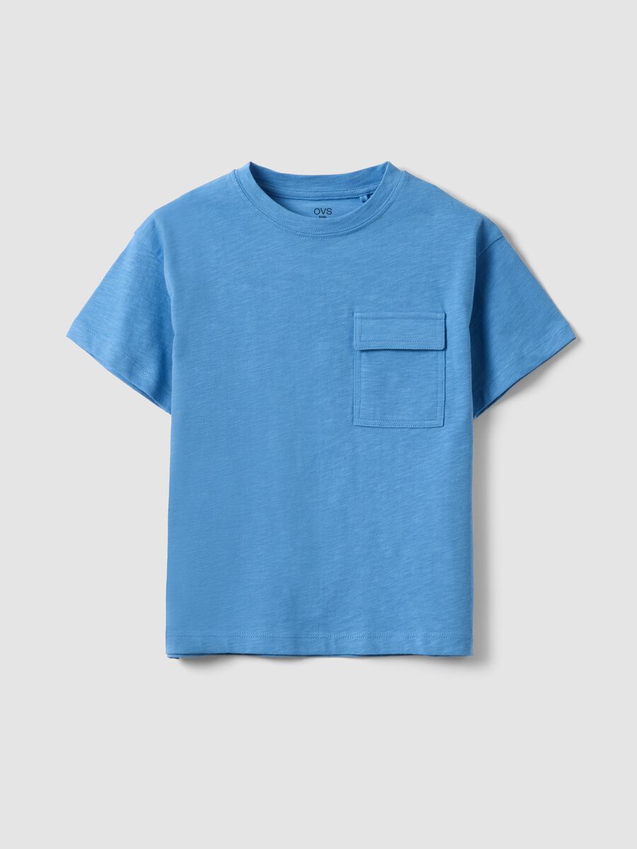 Children's sky blue pure cotton T-shirt, regular fit with pocket_0