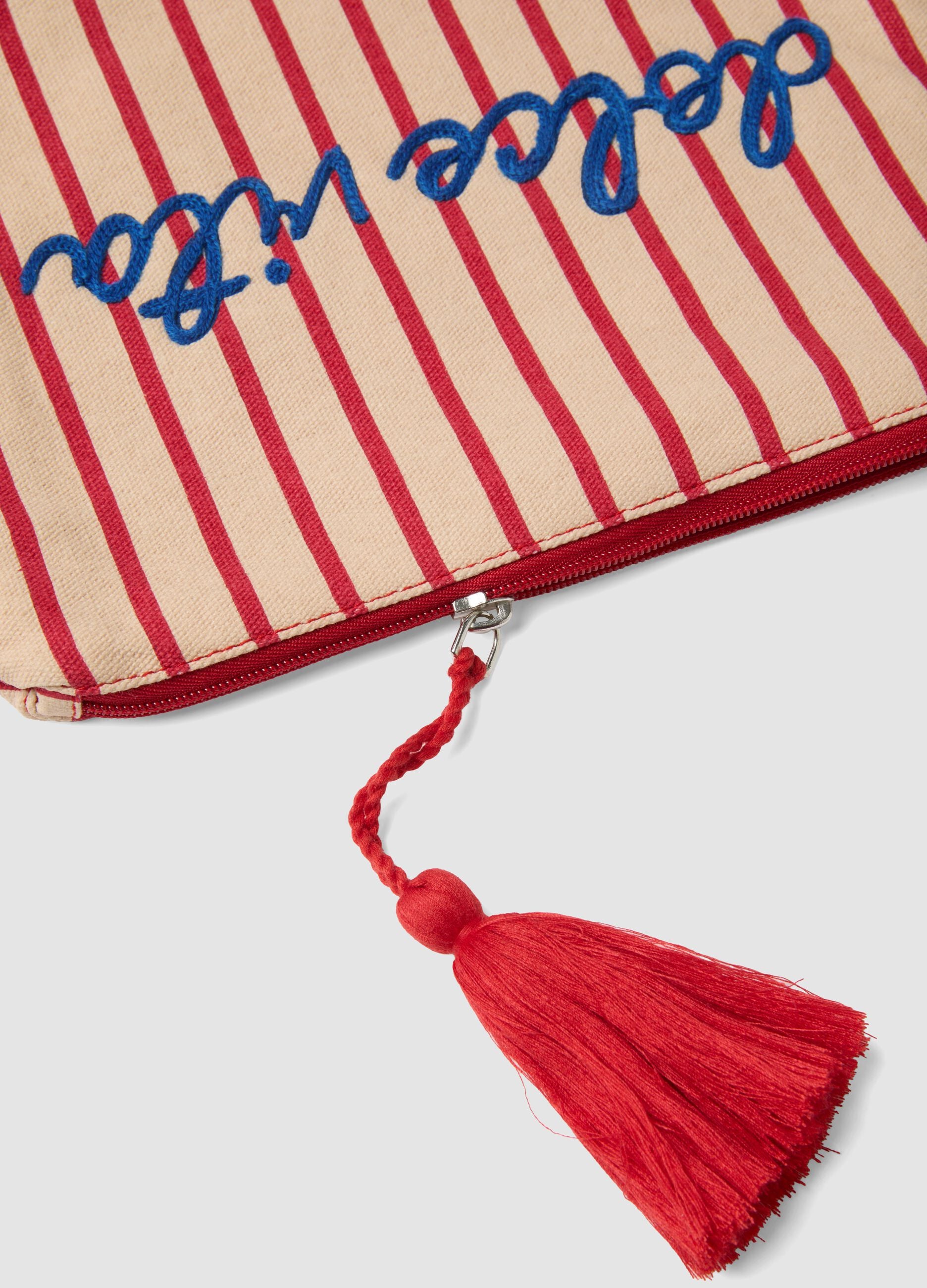 Beige pure cotton pouch with red stripes, tassel and zip