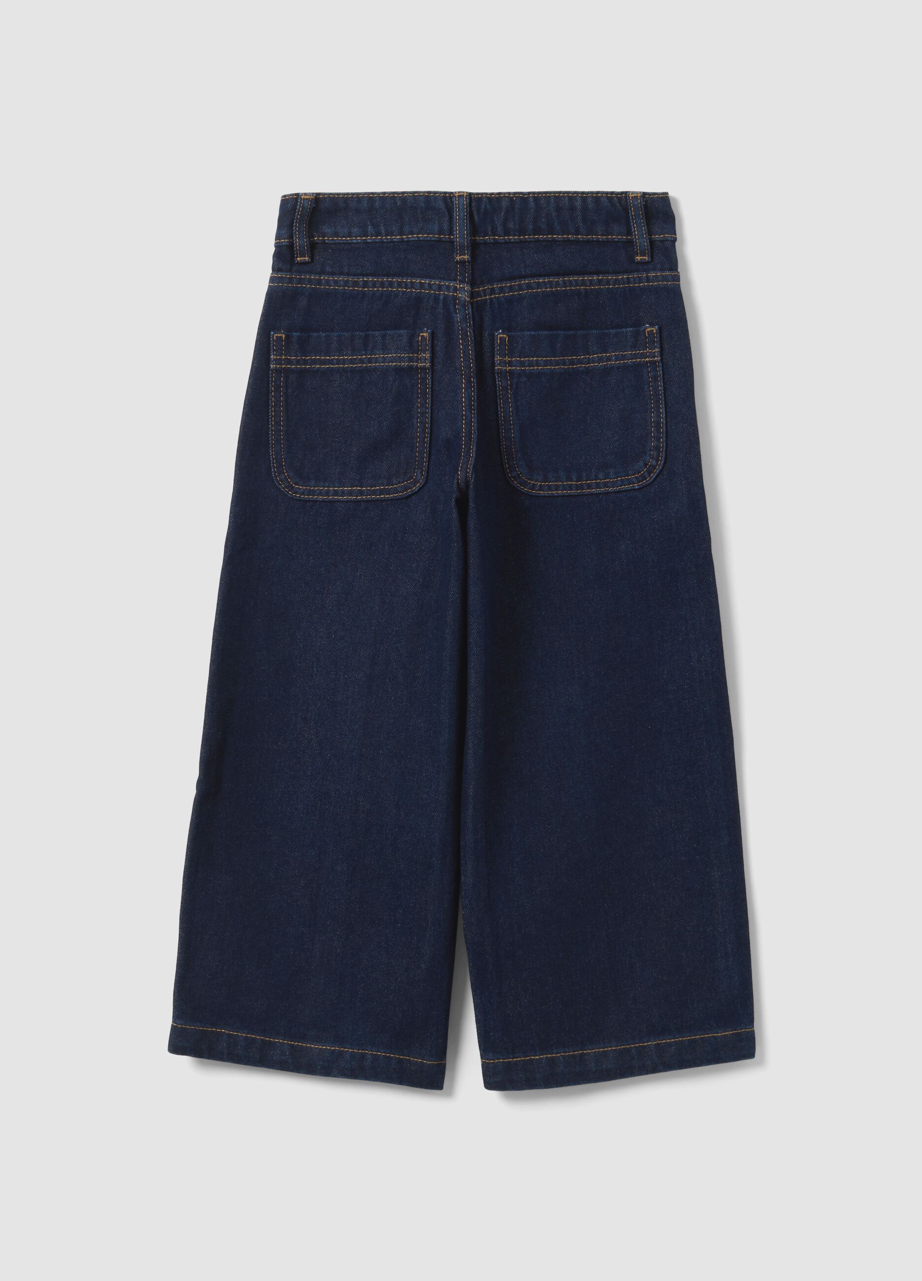 Blue straight-leg pure cotton jeans with floral embroidery for girls