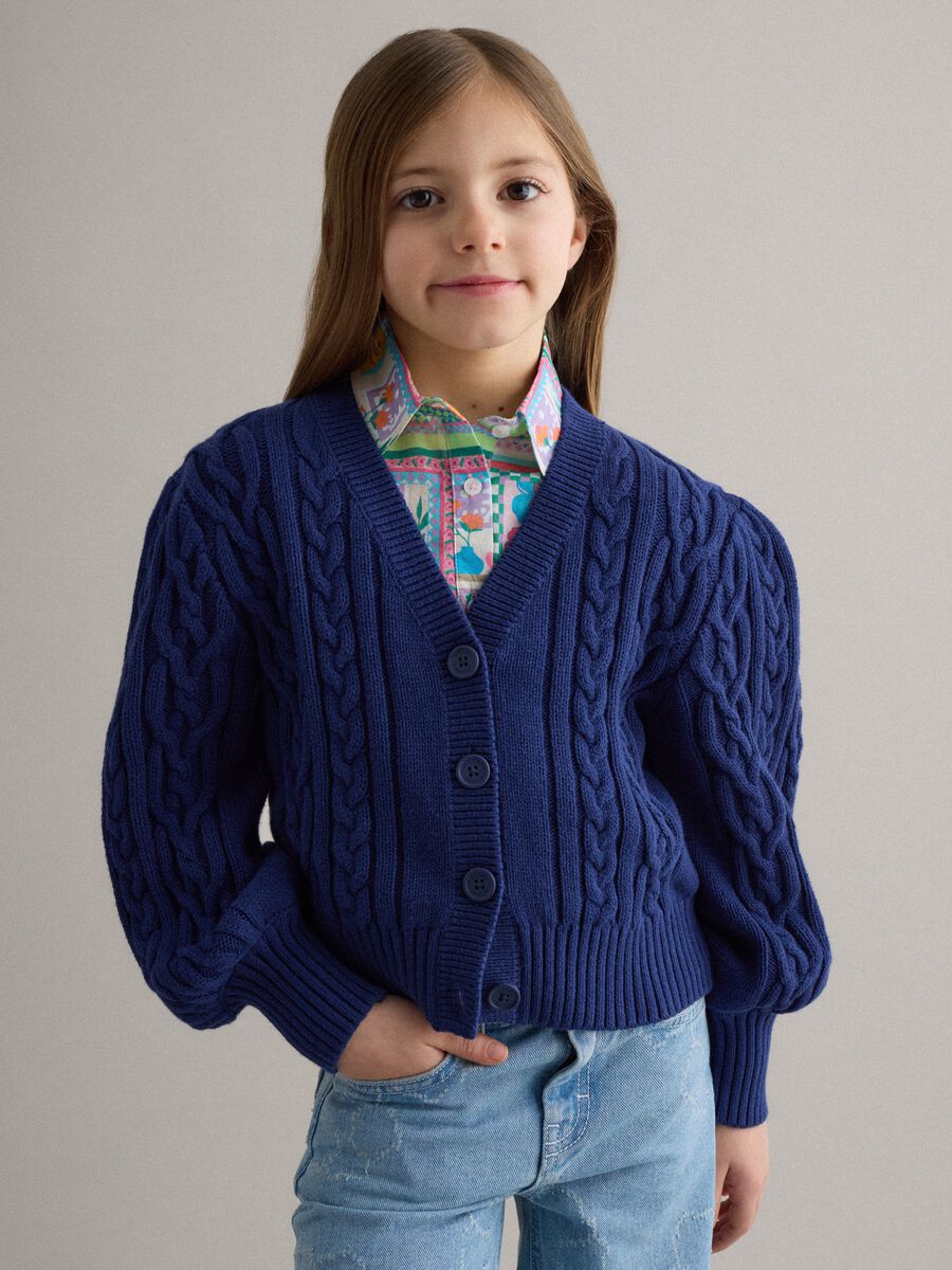 Girls' regular fit deep V blue pure cotton braided cardigan_0