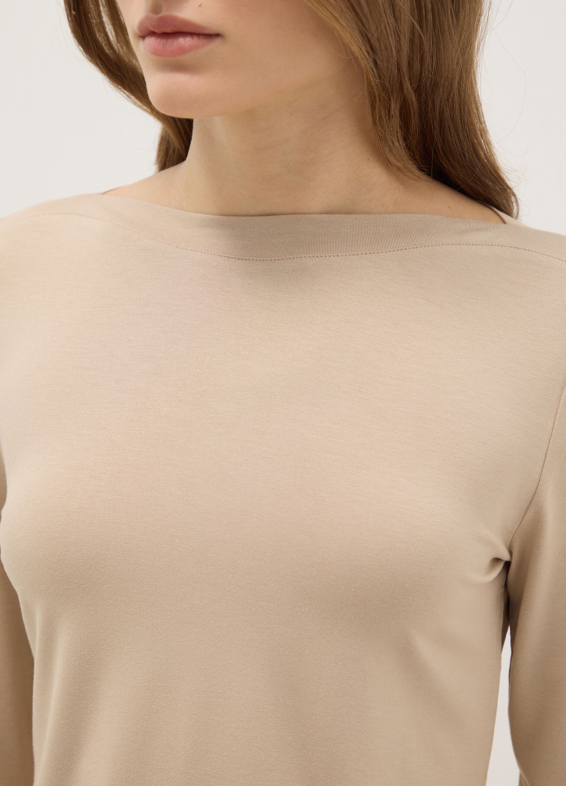 Beige crew neck long sleeve regular fit top