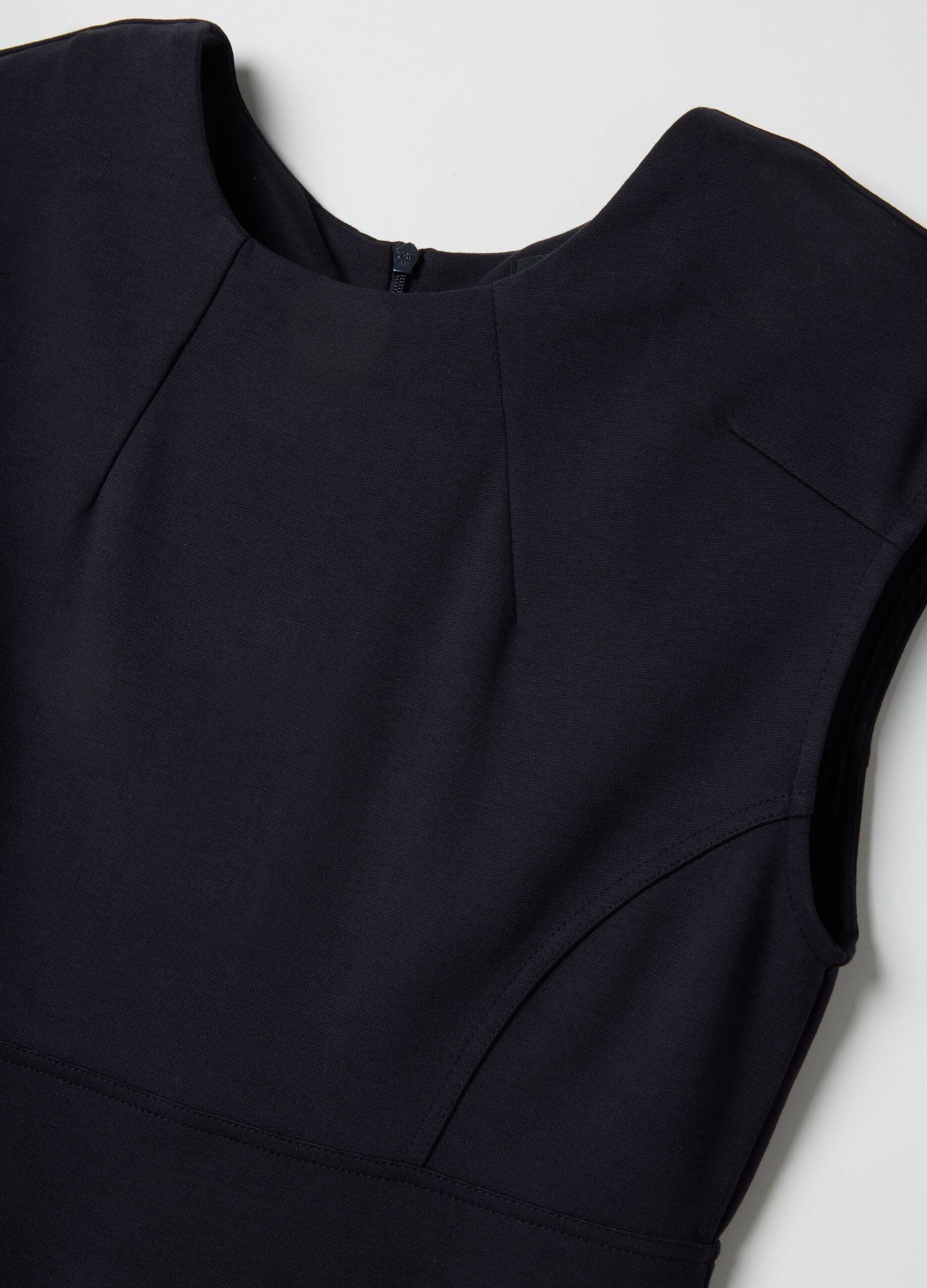 Sleeveless blue viscose blend slim fit dress with zip