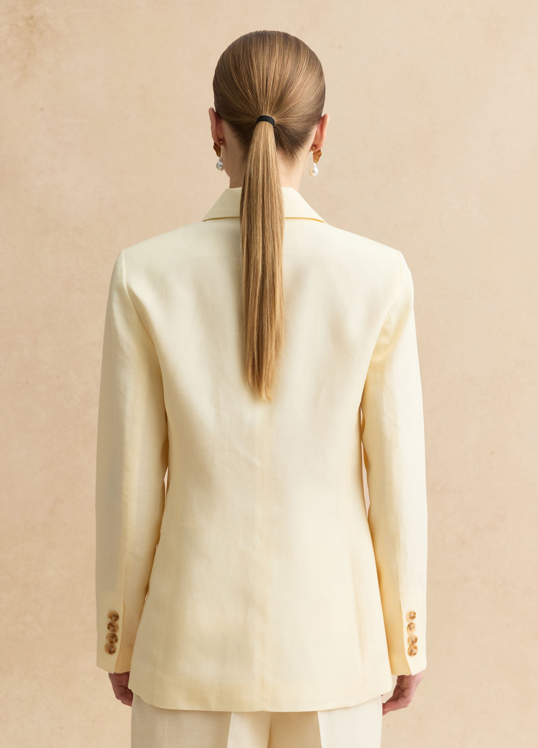 Beige double-breasted Lyocell and linen blazer, regular fit