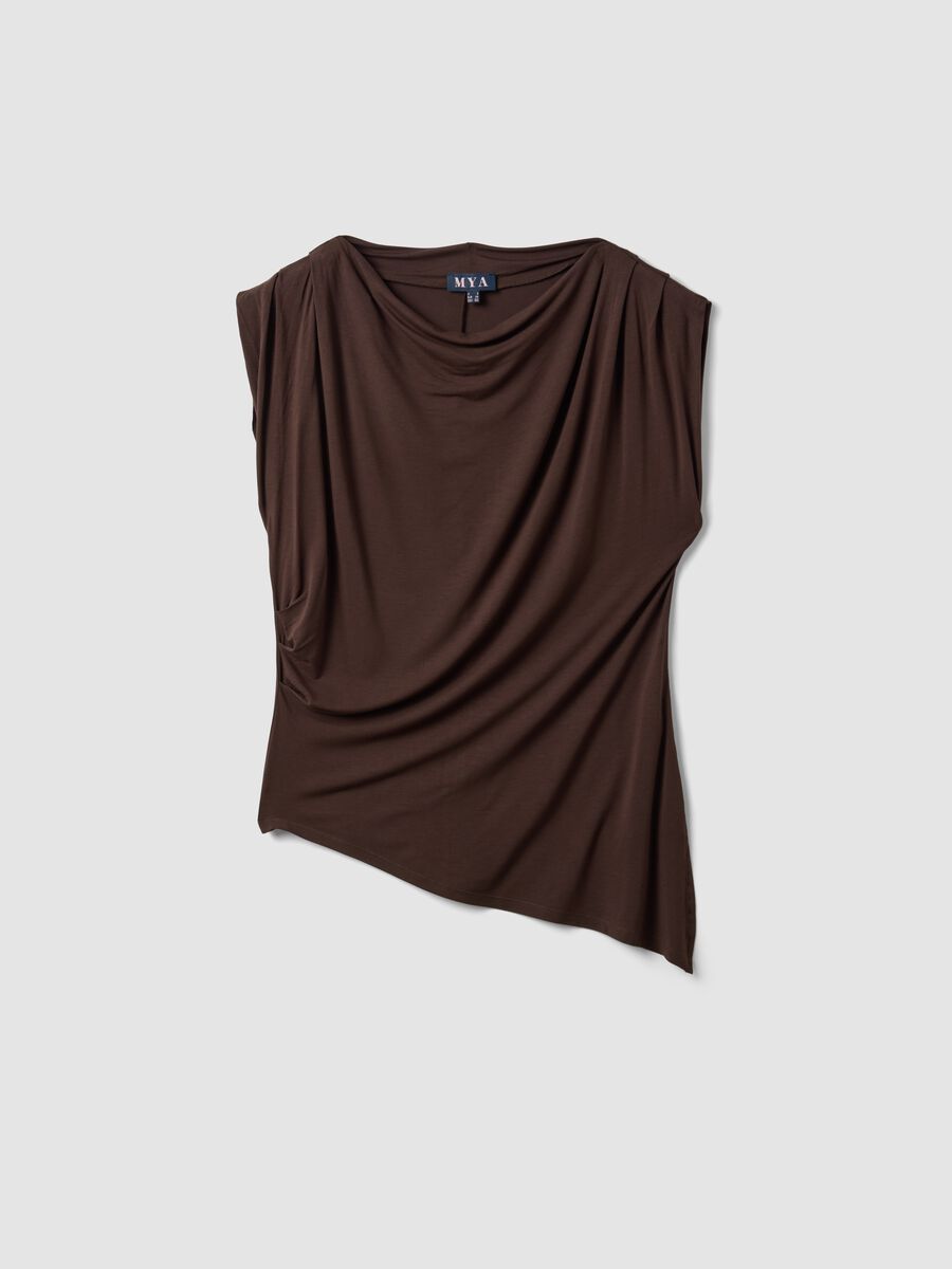 Brown stretch viscose T-shirt with draped neckline_0
