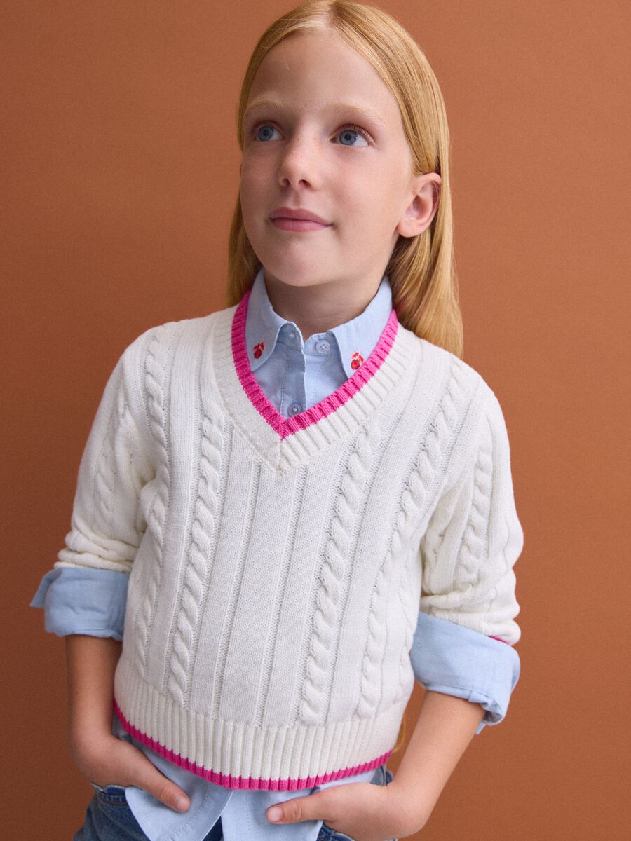 White pure cotton cable-knit V-neck jumper for girls_1