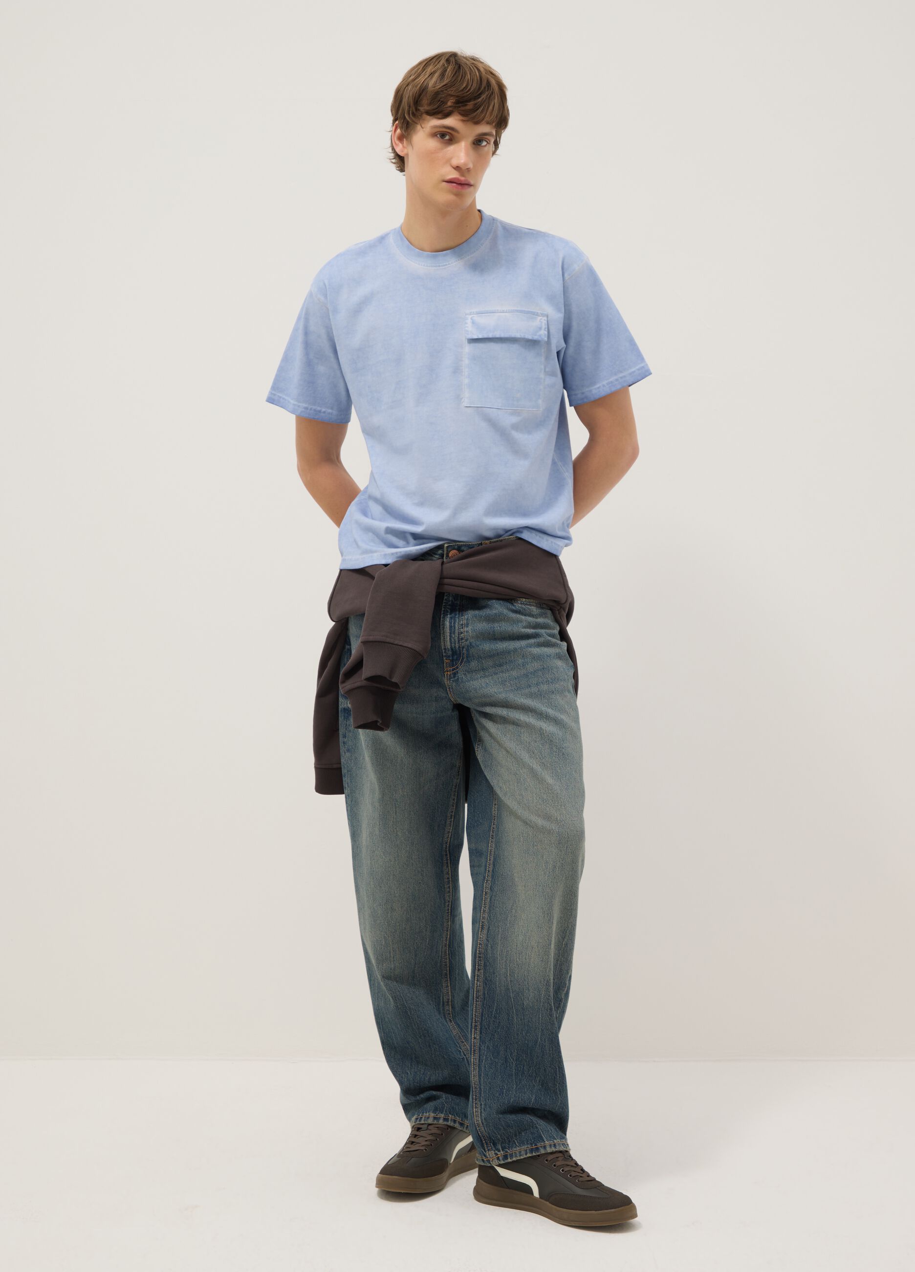 Light blue pure cotton regular fit t-shirt with pocket