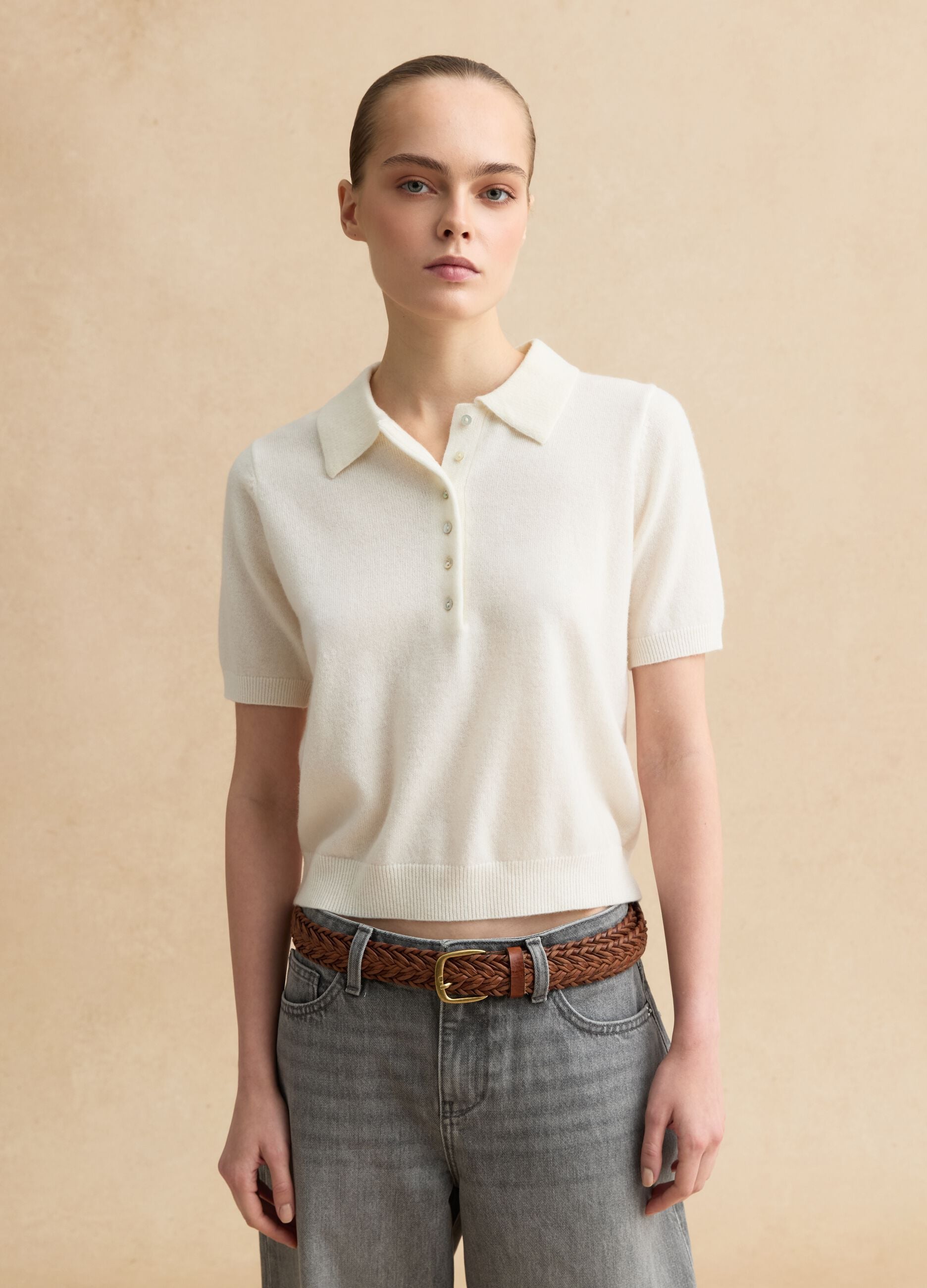 White pure wool polo neck regular fit sweater