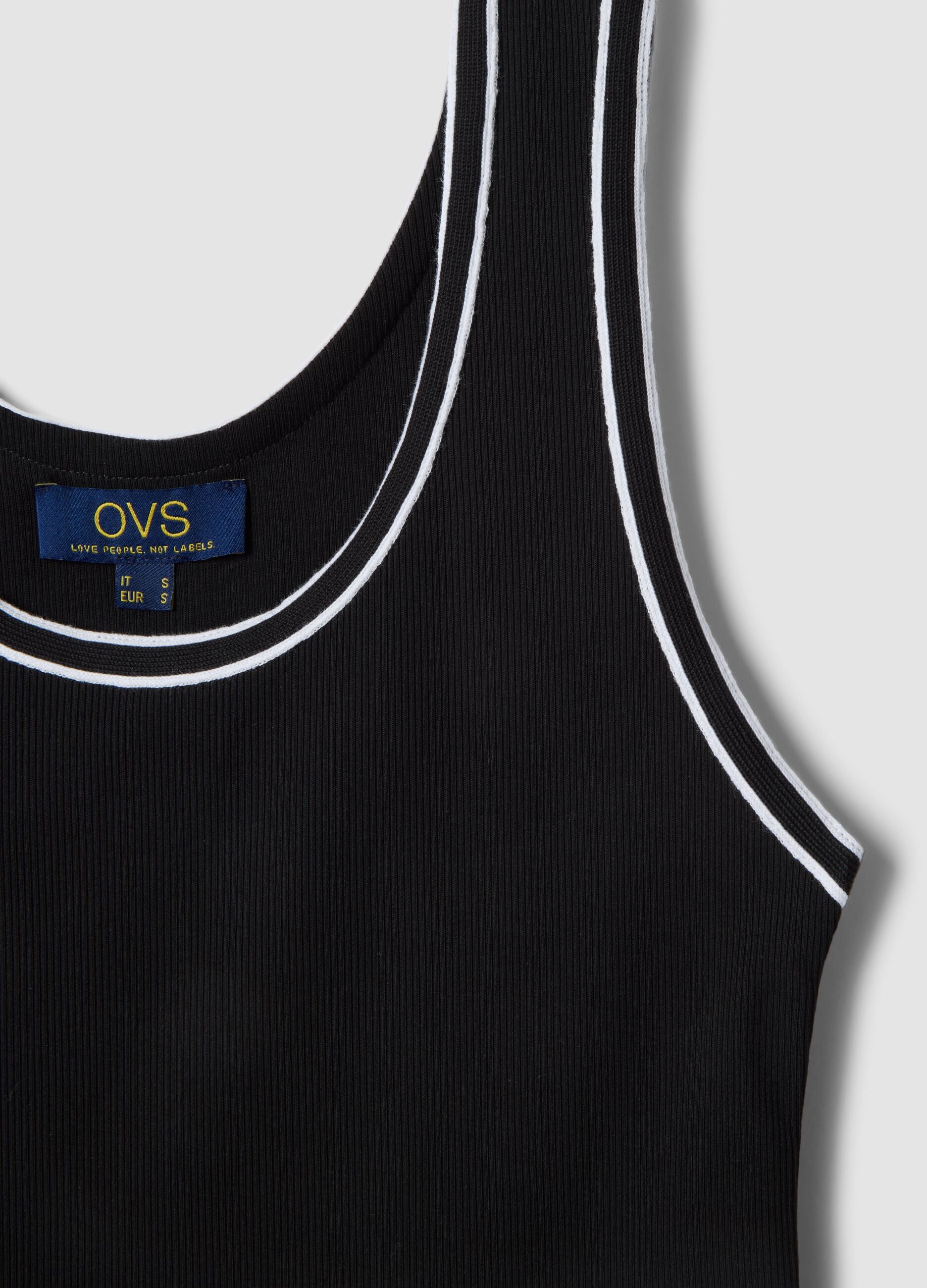 Black stretchy cotton regular fit tank top with trim