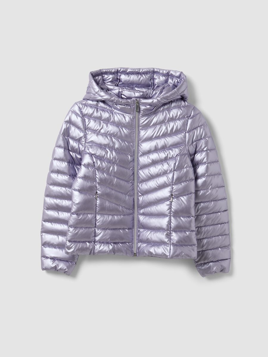 Giacca Ultralight imbottita viola con cappuccio e zip per ragazza_0
