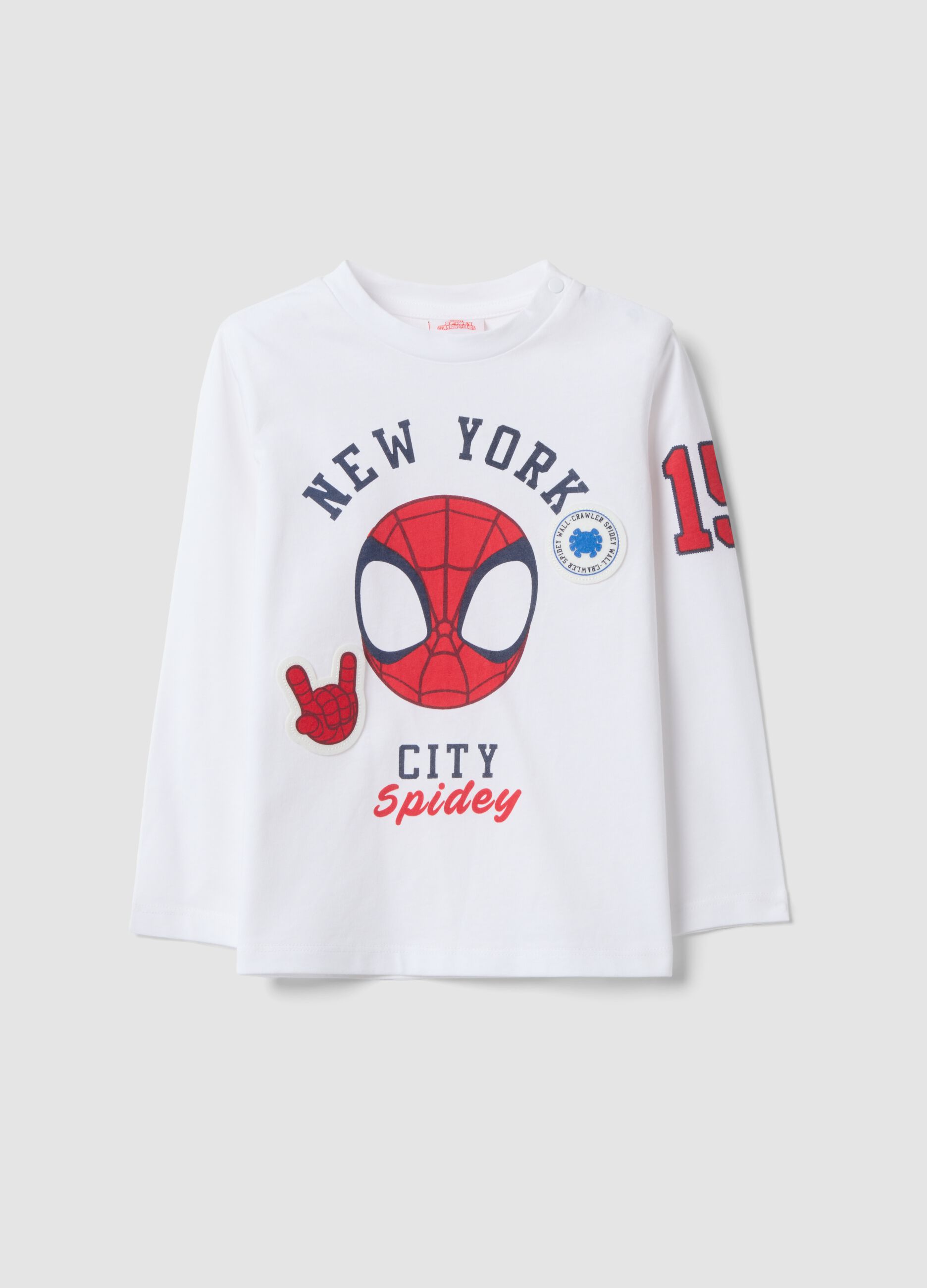 White long-sleeve pure cotton T-shirt with Spidey print for boys